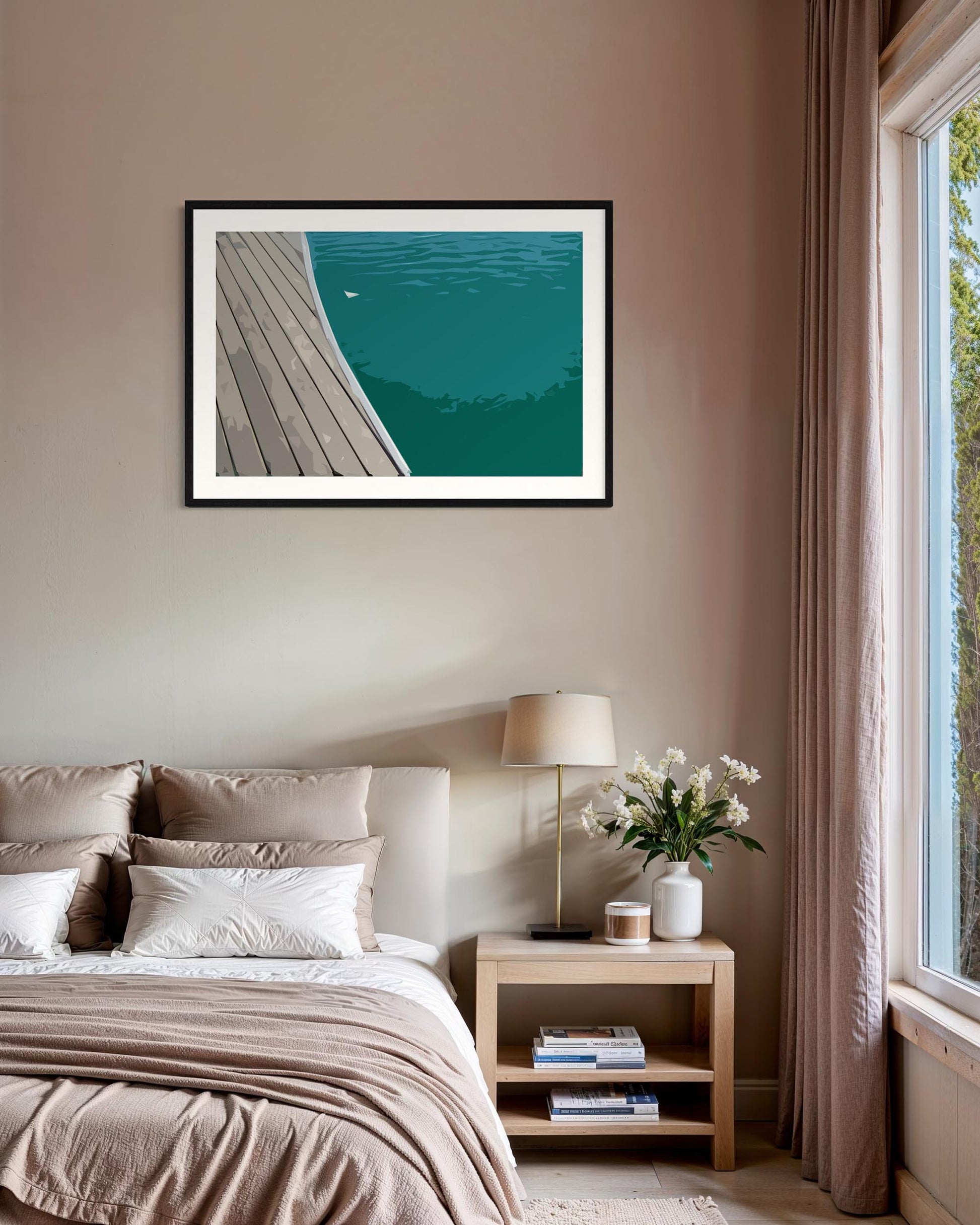 Framed artwork of a dock over water in a bedroom setting.