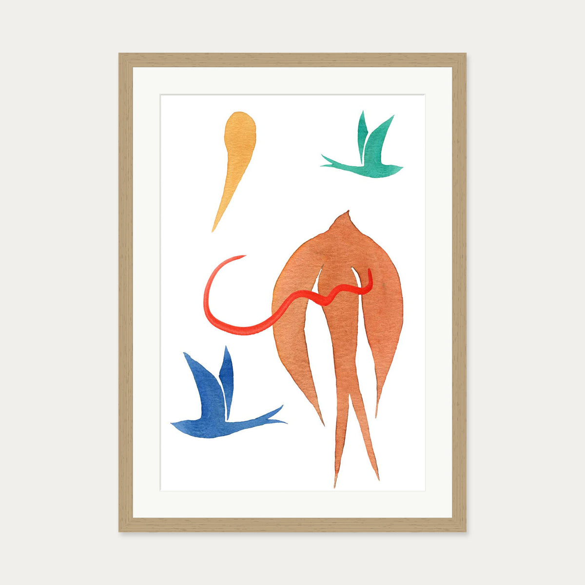 Matisse Birds Watercolour Art Print — 50 x 70 cm — Oak Frame