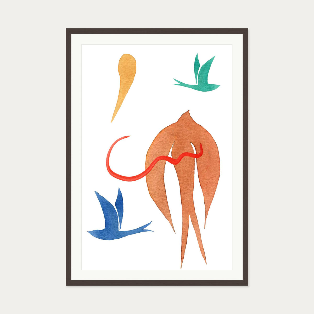 Matisse Birds Watercolour Art Print — 70 x 100 cm — Brown Frame