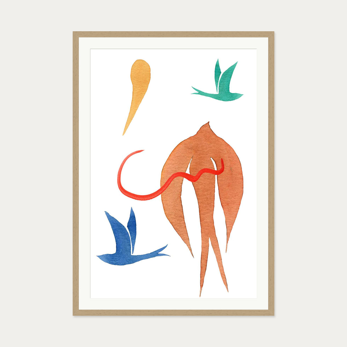 Matisse Birds Watercolour Art Print — 70 x 100 cm — Oak Frame