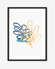 Framed abstract art print with blue and gold design on a white wall