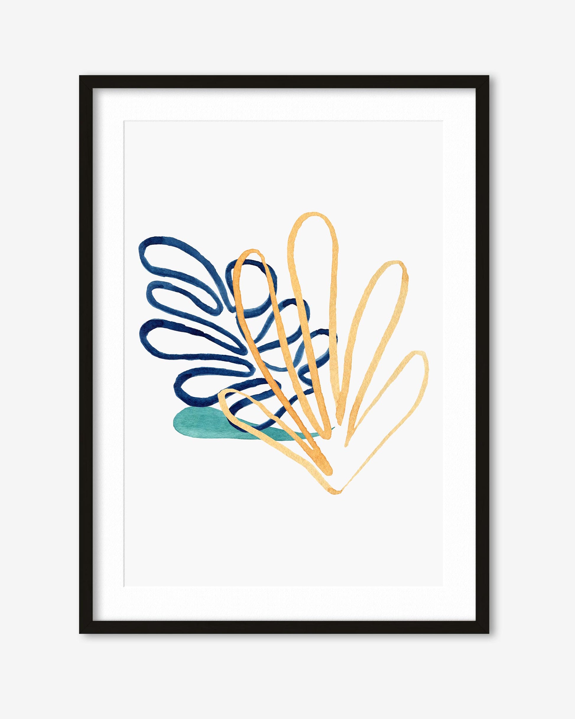 Framed abstract art print with blue and gold design on a white wall
