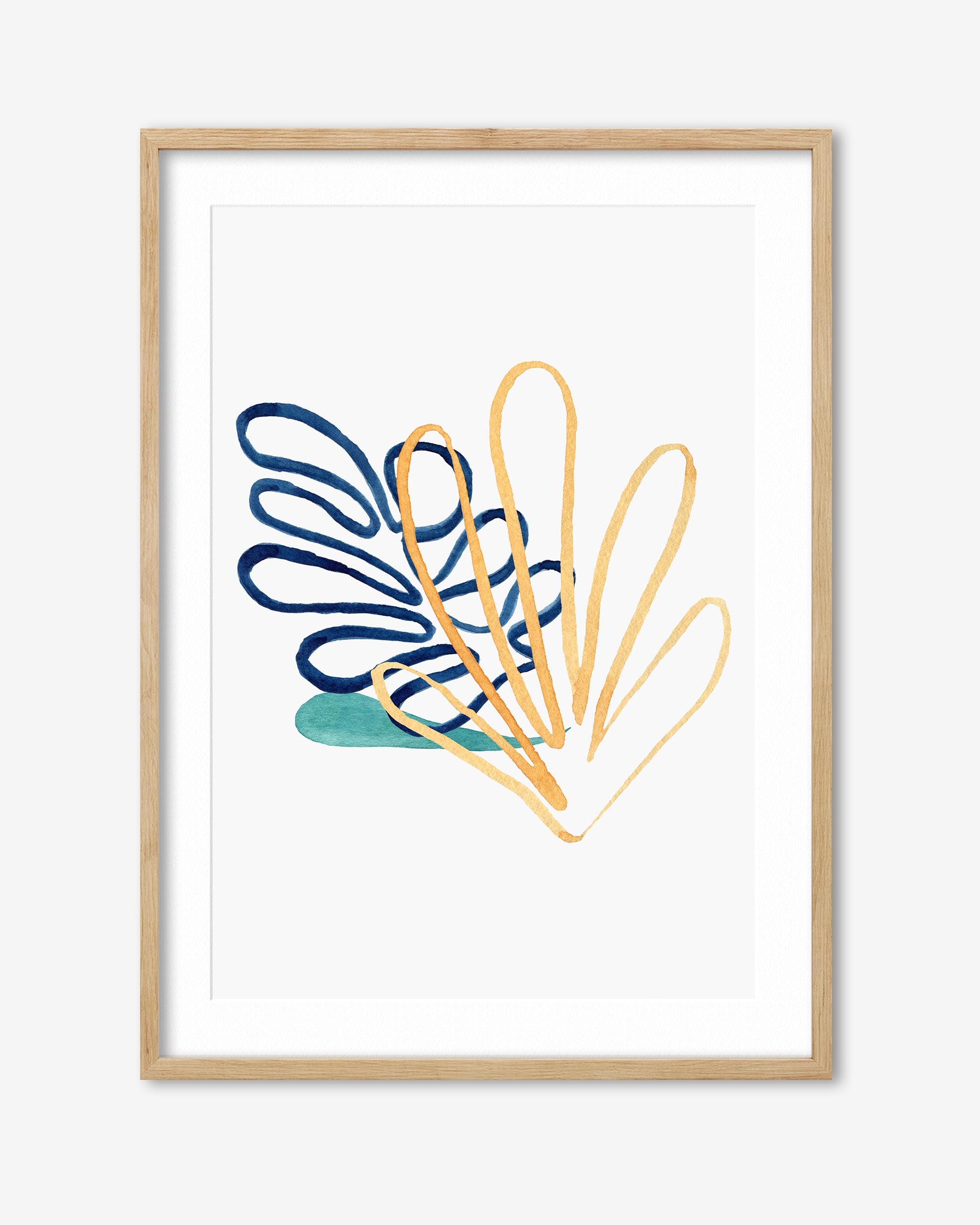 Framed abstract art print with blue and yellow shapes on a white background
