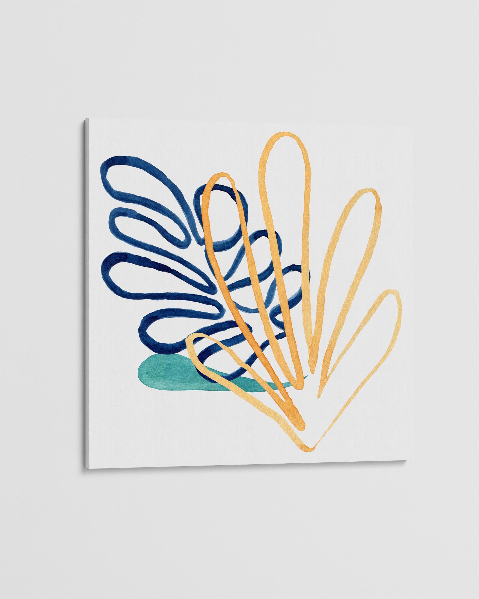 Abstract art print with blue and gold shapes on a white background