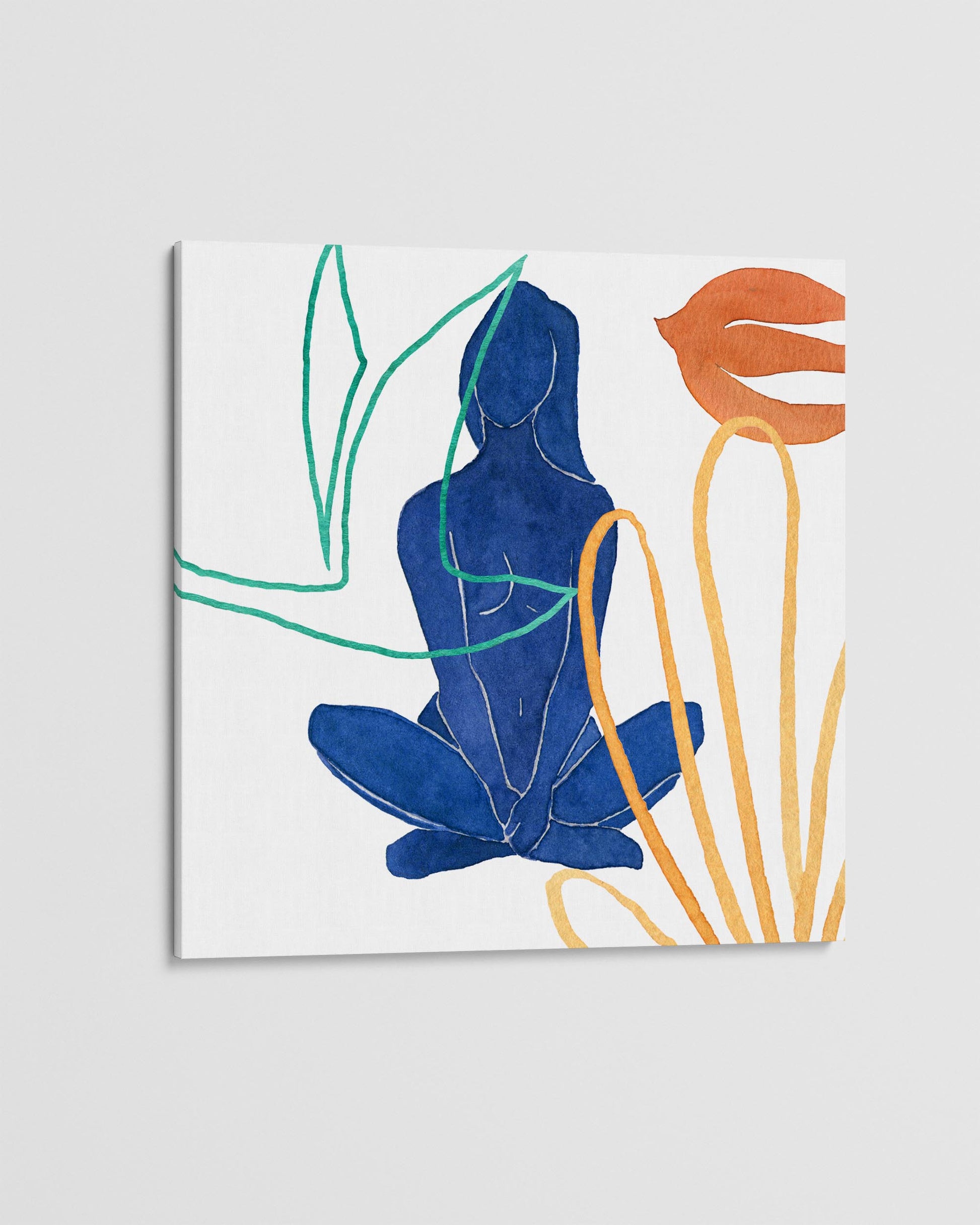 Abstract artwork with a blue figure and colorful plant-like shapes on a white background