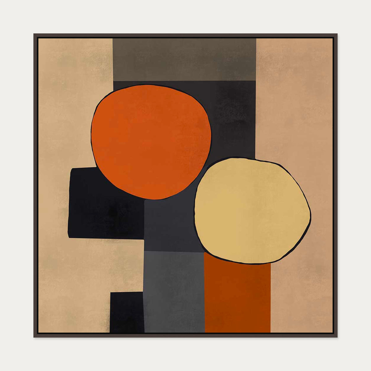 Mid Century Abstract Canvas Art — 100 x 100 cm — Brown Frame