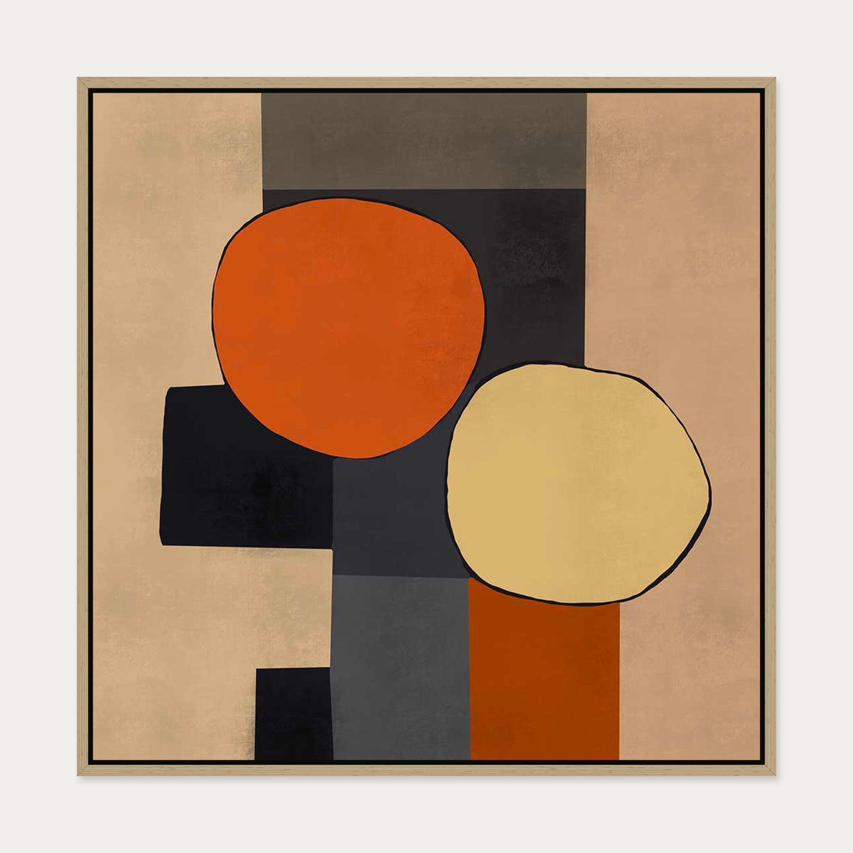 Mid Century Abstract Canvas Art — 70 x 70 cm — Oak Frame