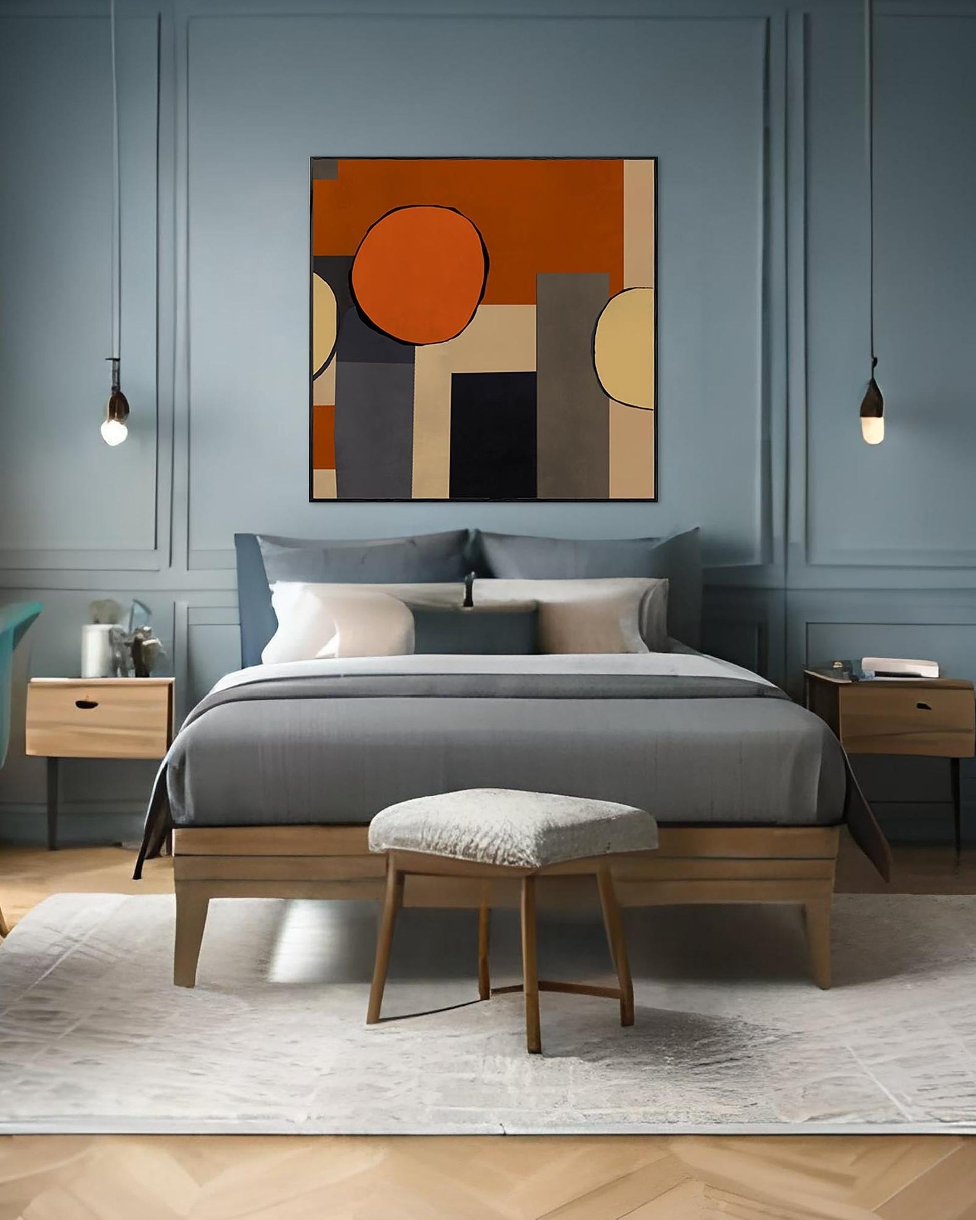 Modern bedroom with a bed, abstract painting, and wooden nightstands.