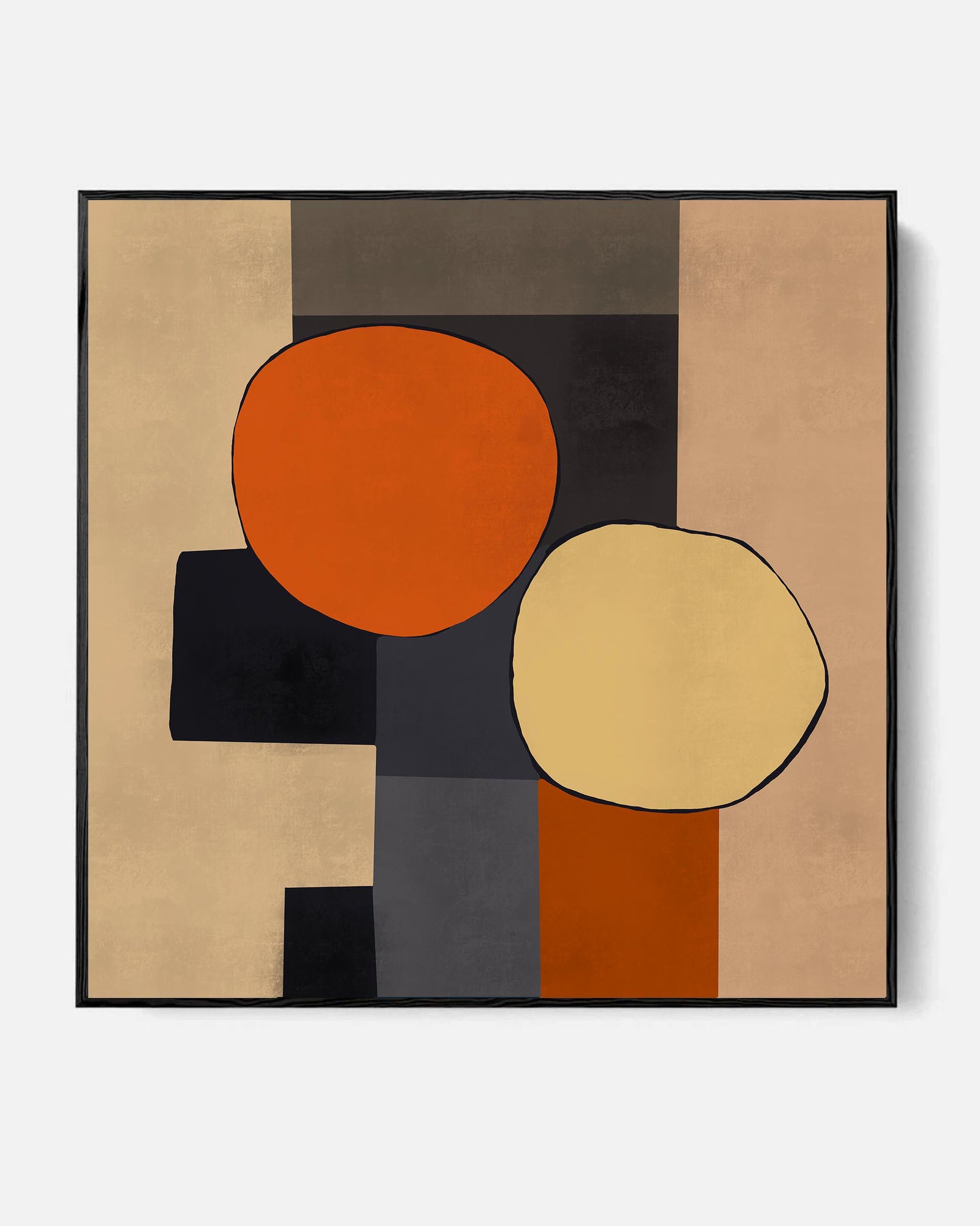 A Mid Century Abstract Framed Canvas with geometric shapes in orange, brown, and yellow predominantly, displayed against a neutral background.