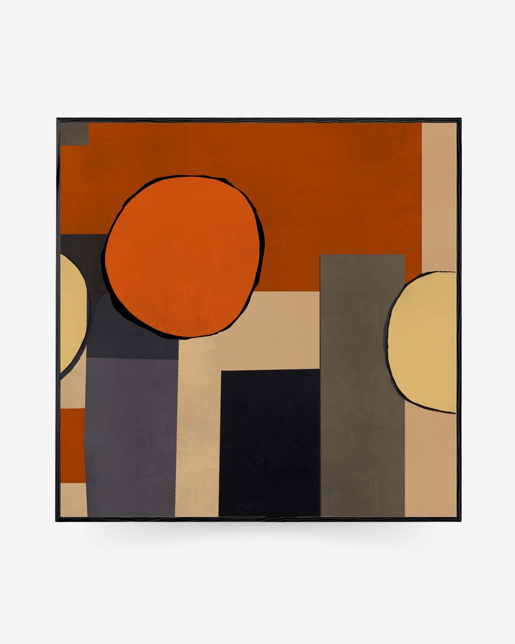 A Mid Century Abstract Framed Canvas with bold geometric shapes in orange, brown, and yellow on a black background, encased in a simple black frame.