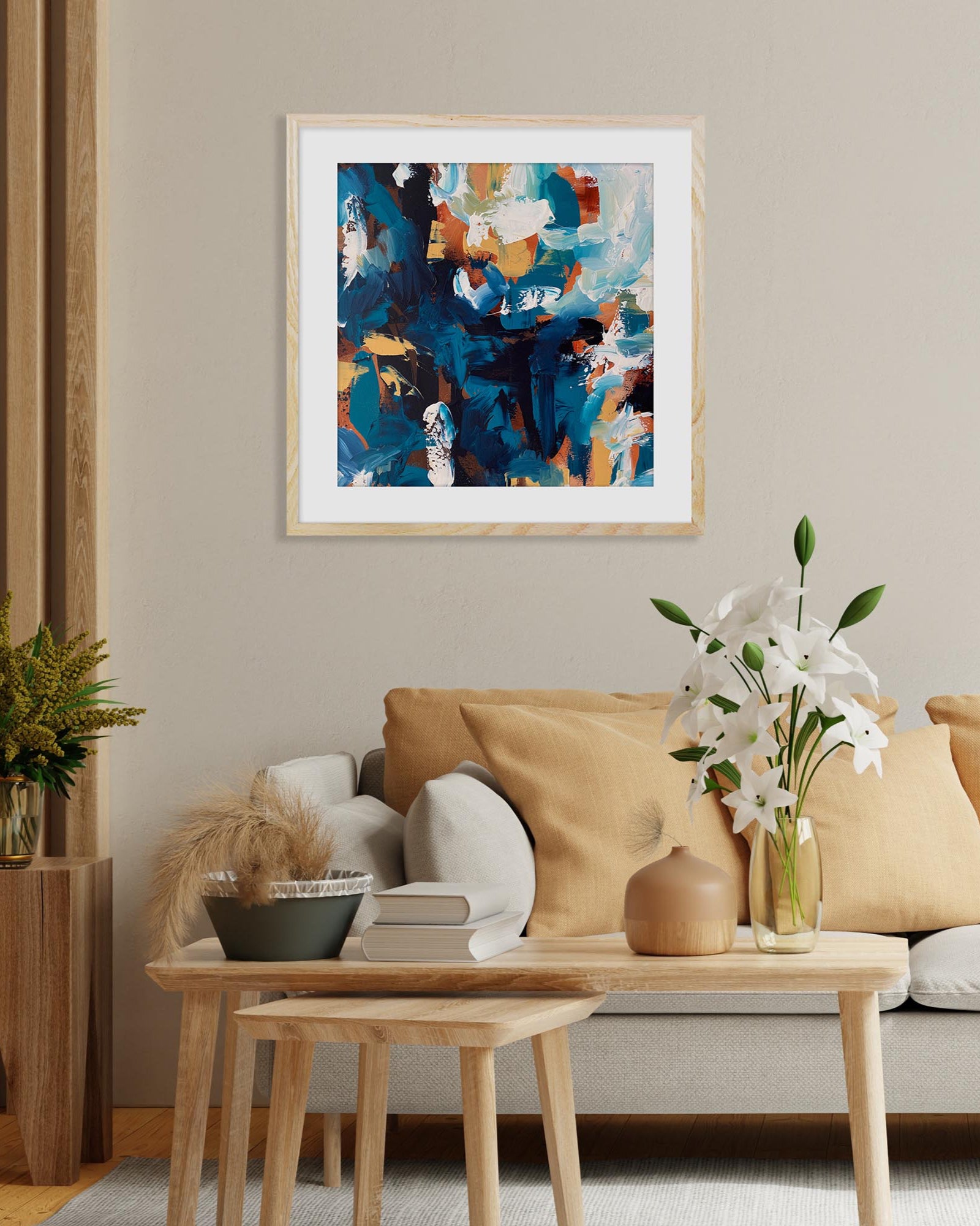 Living room with a colorful abstract painting, beige sofa, and wooden coffee table.