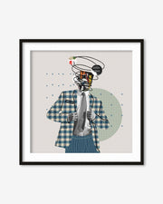 Framed artwork of a person in a checkered suit with a unique head design on a beige background