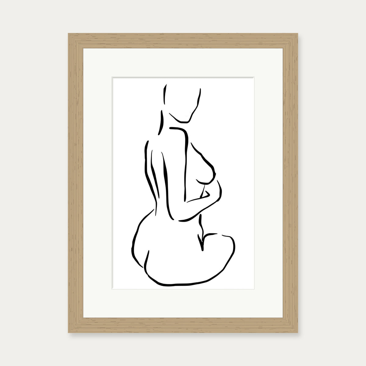 Minimal Nude Figure Line Art Print — 30 x 40 cm — Oak Frame