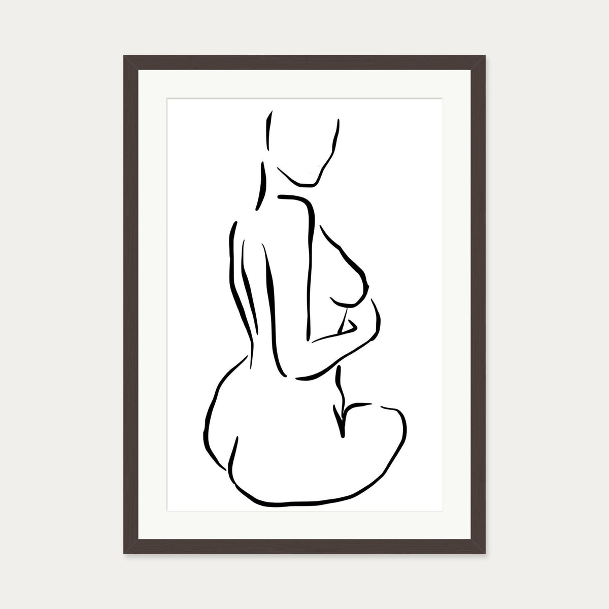 Minimal Nude Figure Line Art Print — 50 x 70 cm — Brown Frame