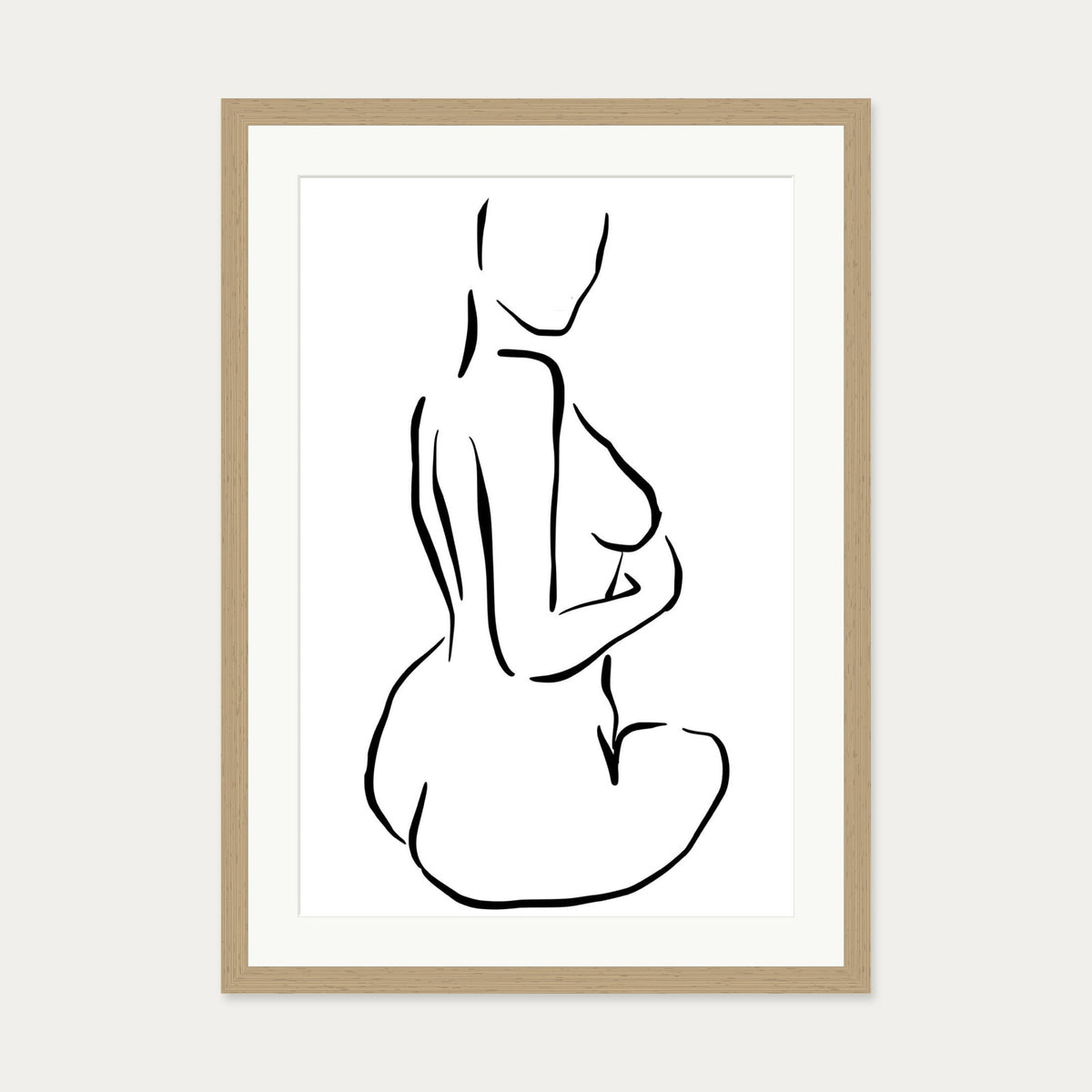 Minimal Nude Figure Line Art Print — 50 x 70 cm — Oak Frame