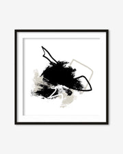Framed abstract art print with black and white design on a white background