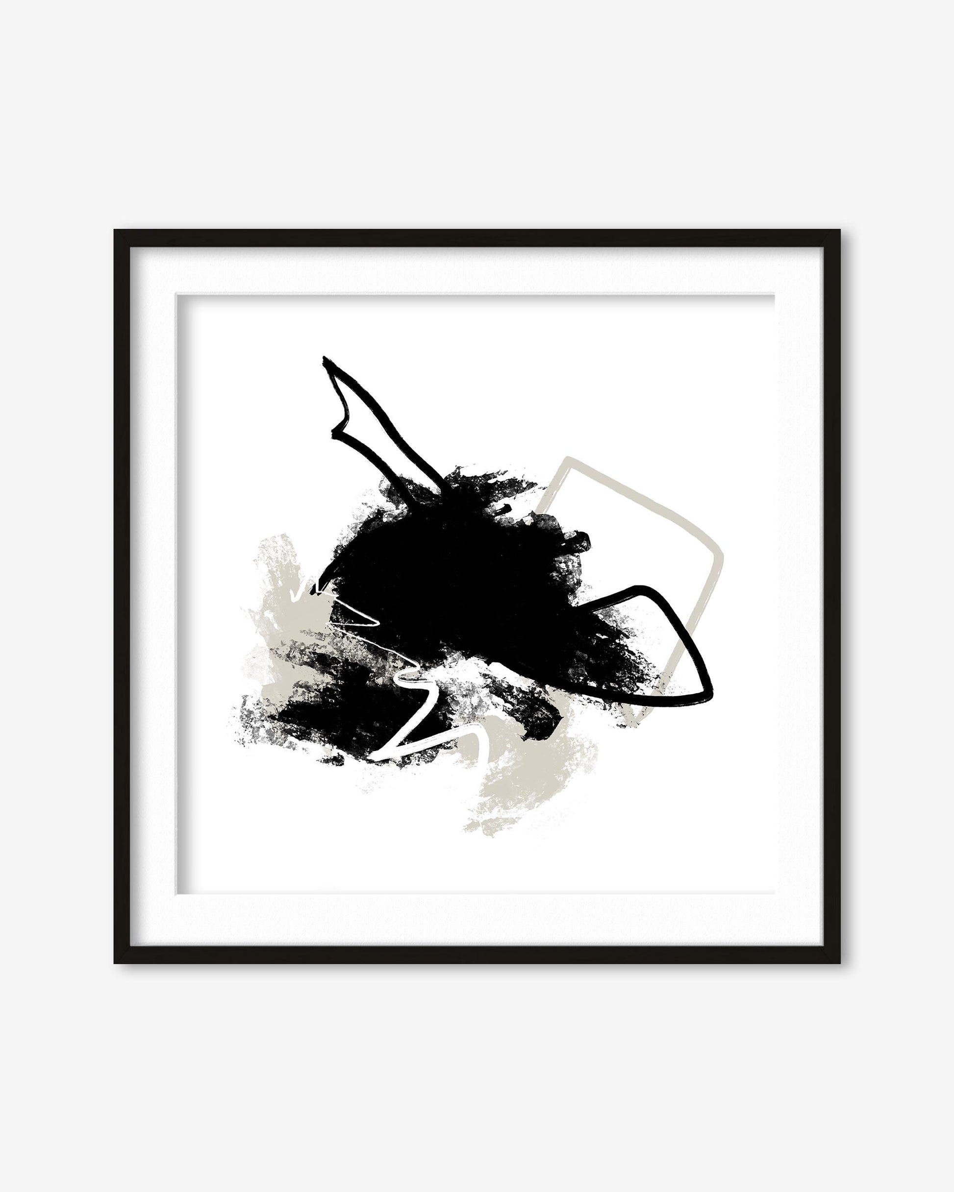 Framed abstract art print with black and white design on a white background