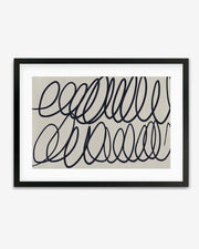 A framed art print with abstract black curved lines on a grey background.