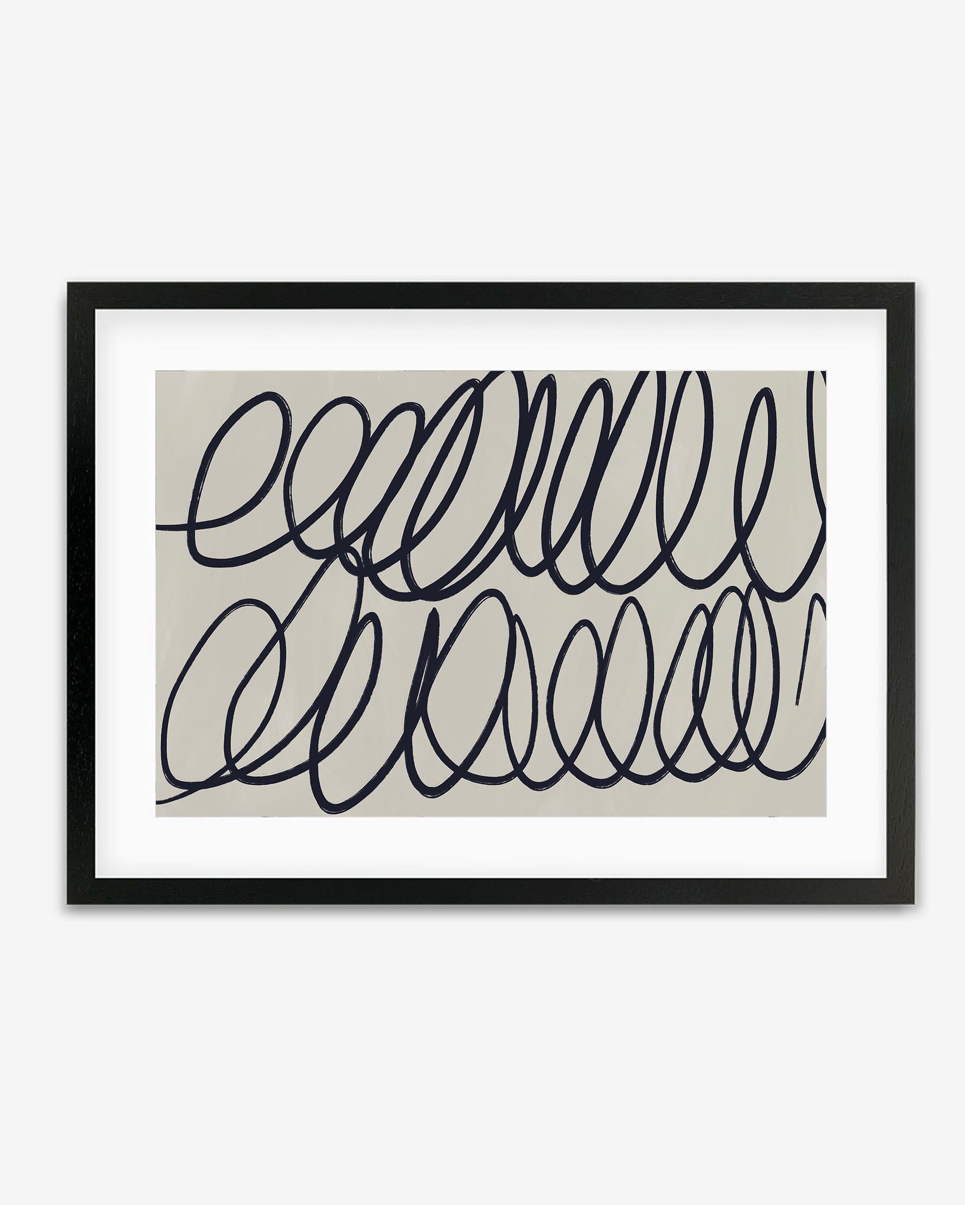 A framed art print with abstract black curved lines on a grey background.