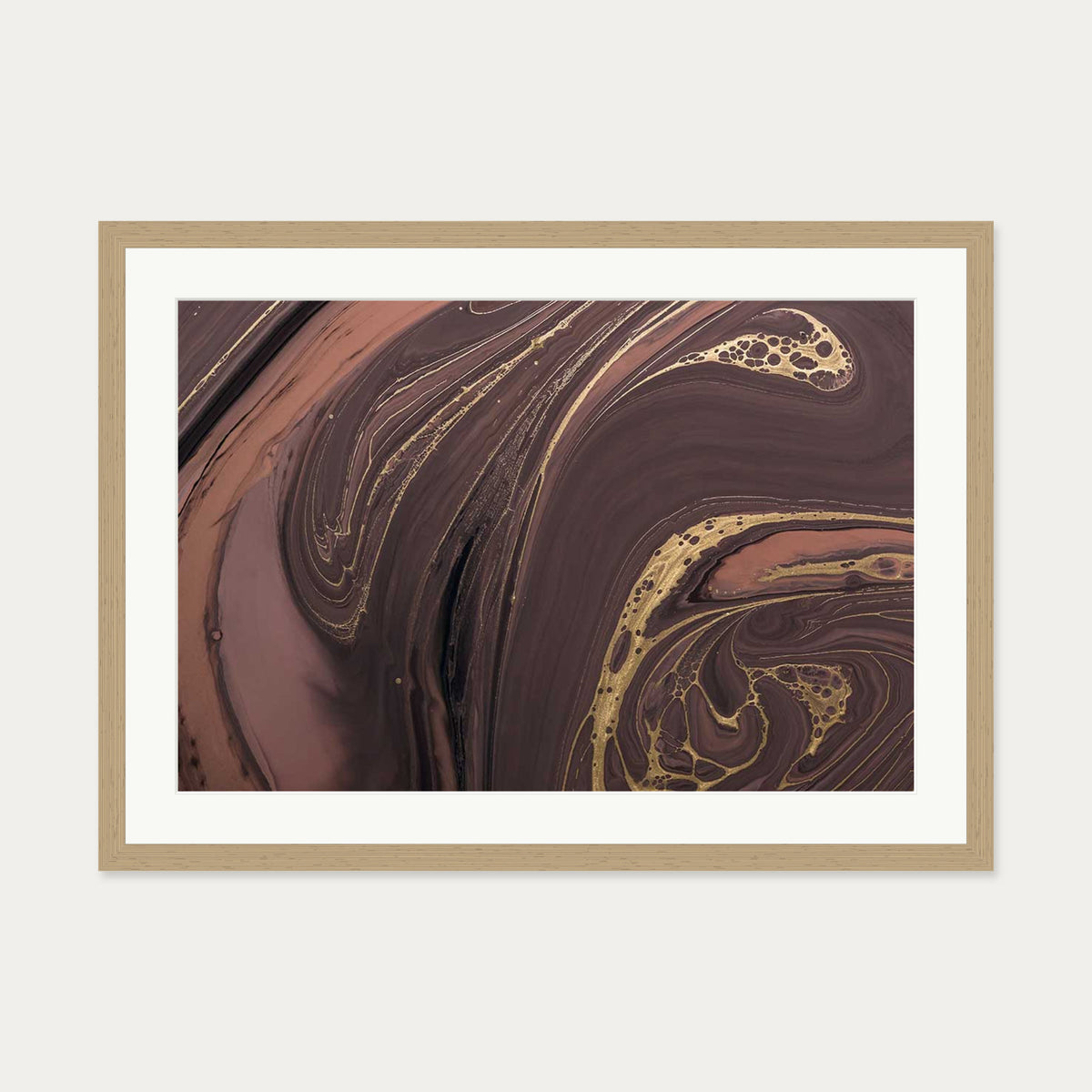 Mocha Marble Wall Art Print — 50 x 70 cm — Oak Frame