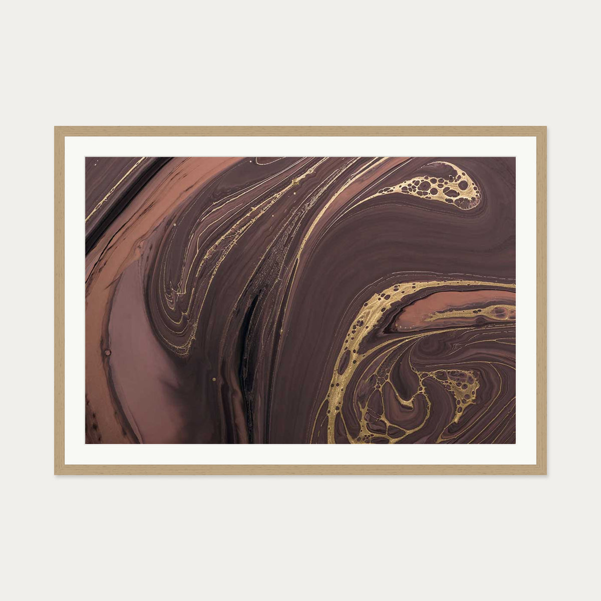 Mocha Marble Wall Art Print — 70 x 100 cm — Oak Frame