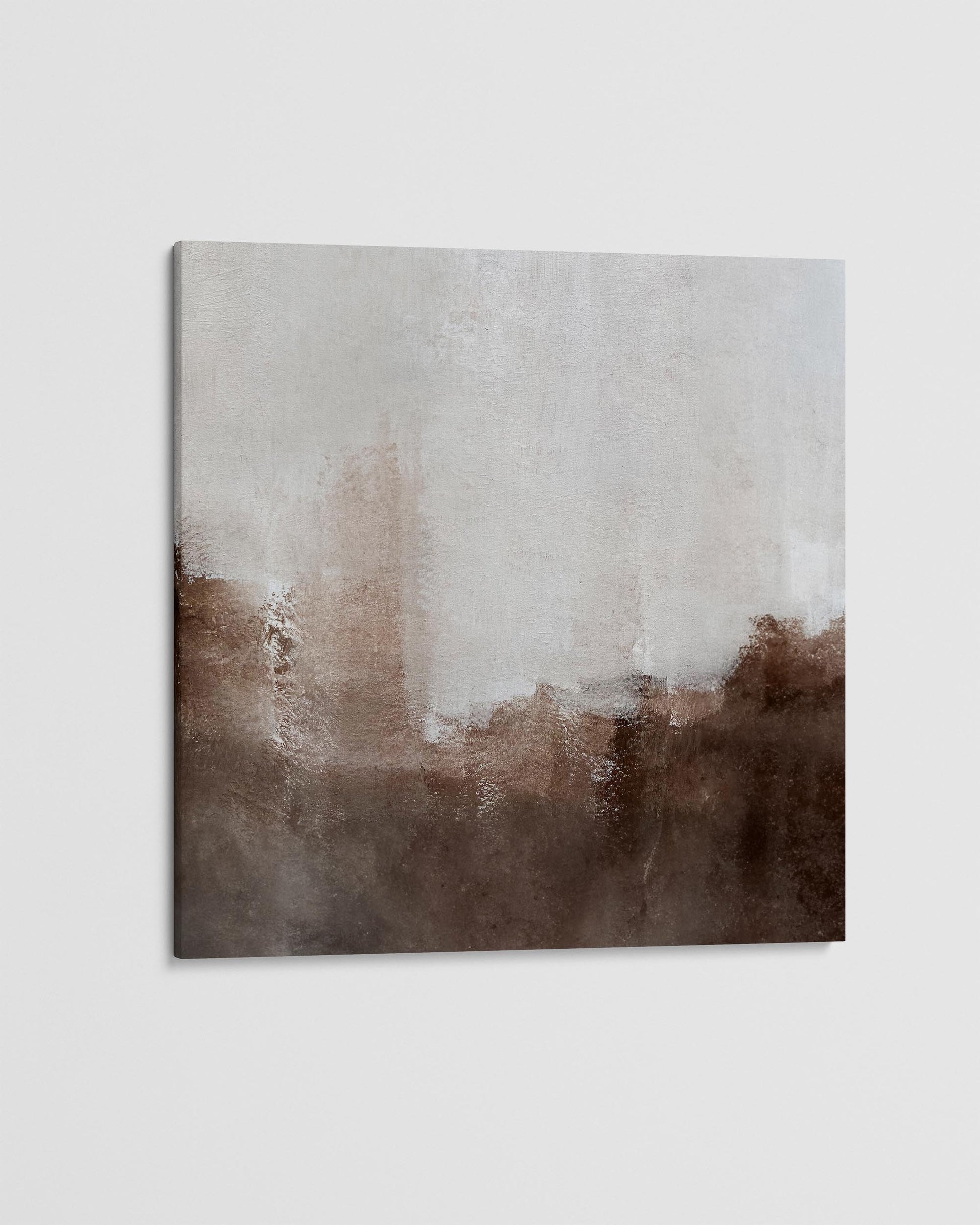 Abstract art piece with brown and white colors on a light gray background