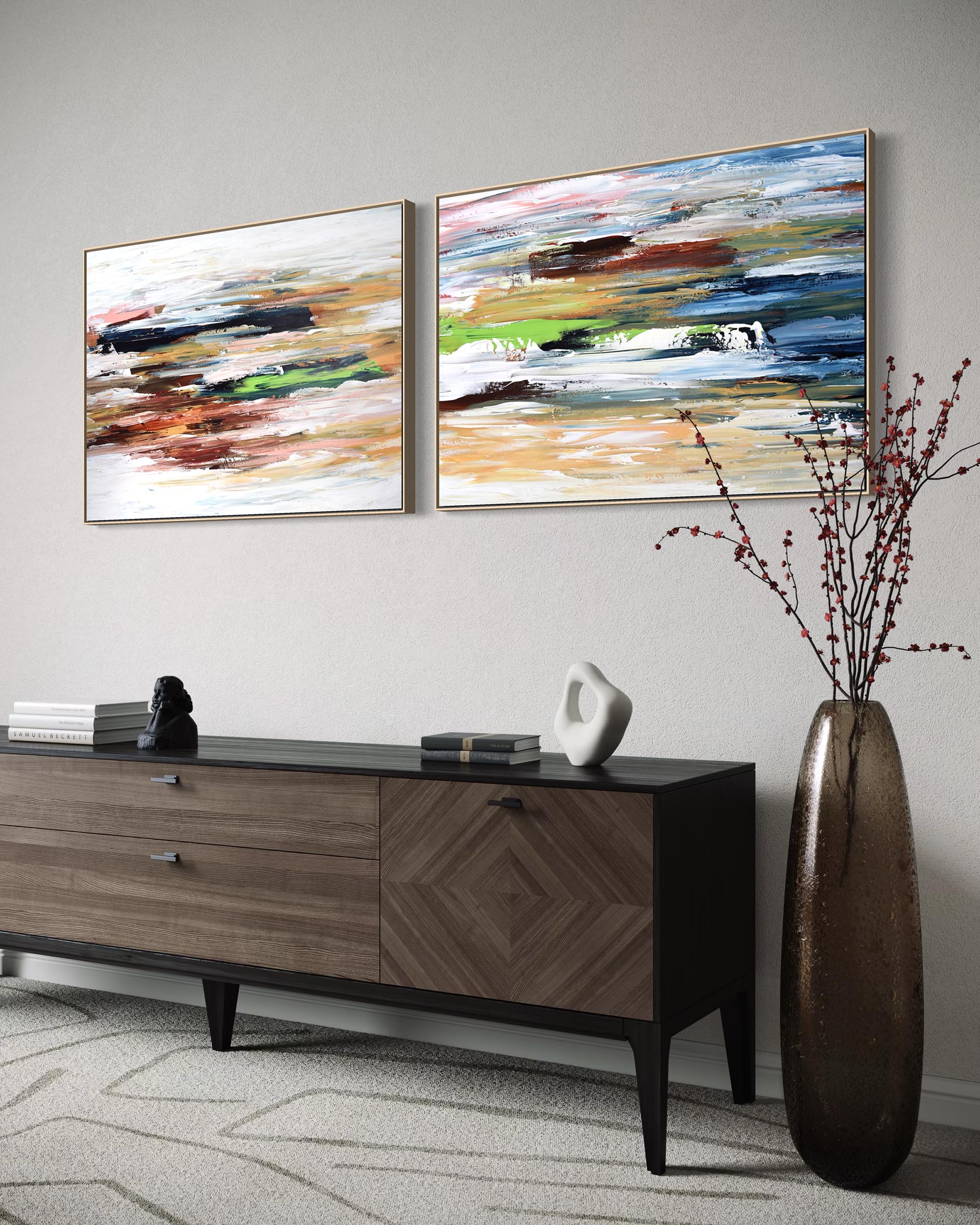 Modern living room with abstract art on the wall, a wooden console table, and decorative vase.