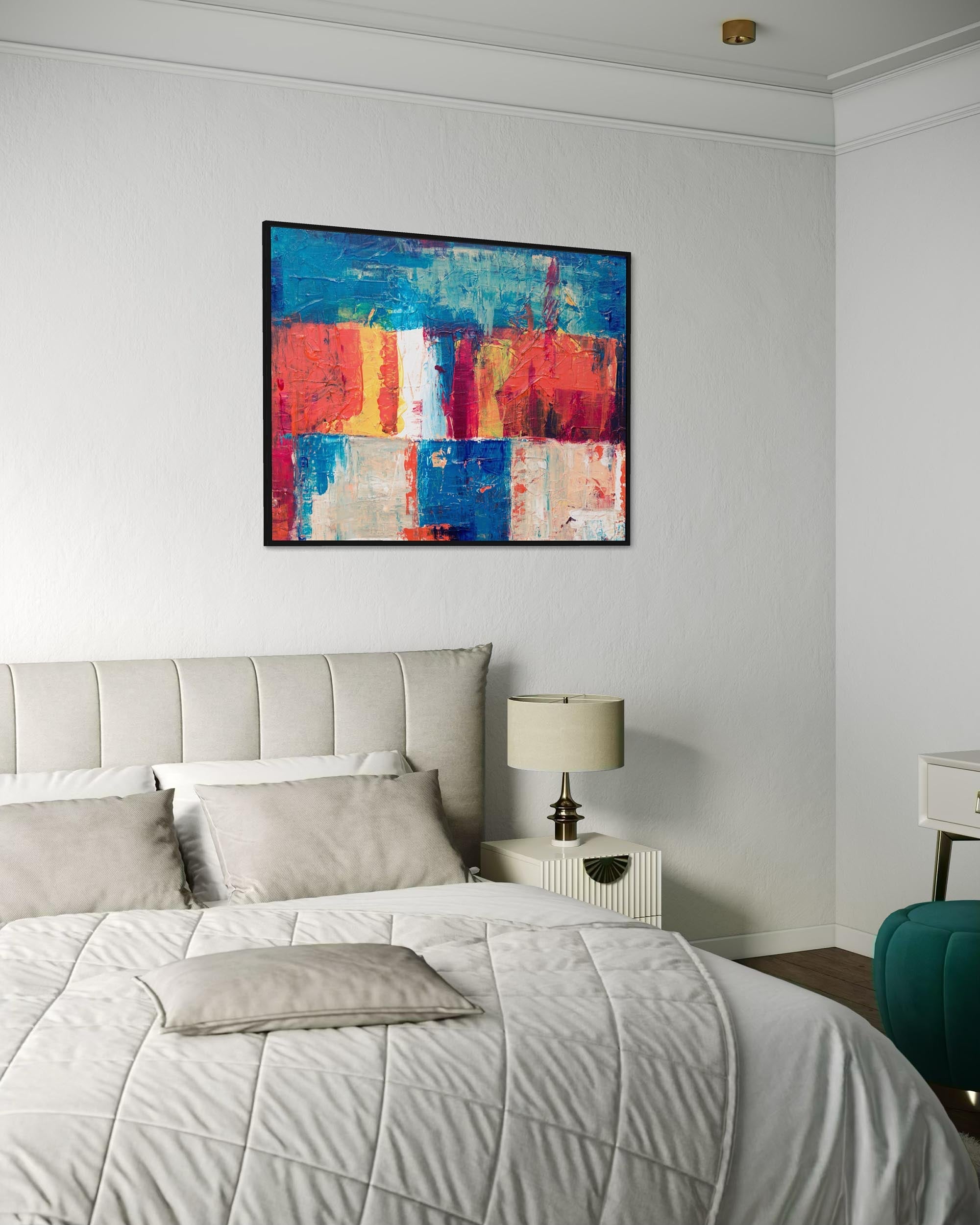 Modern bedroom with a bed, lamp, and abstract painting on the wall.