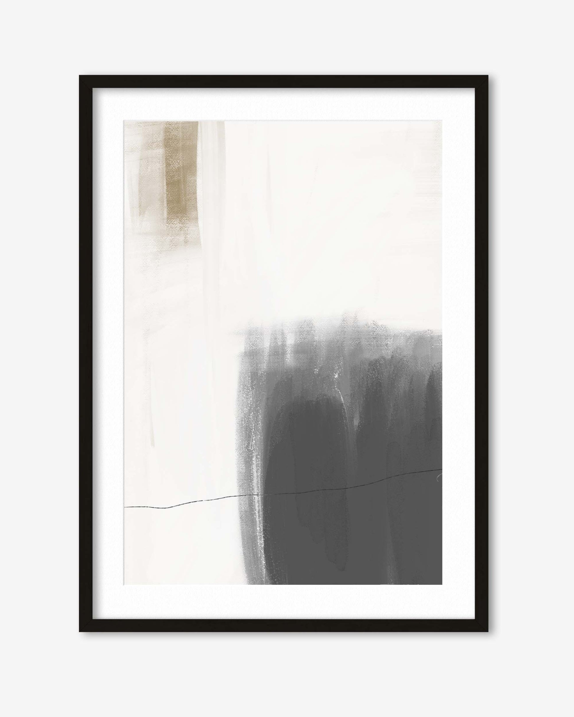 Framed abstract art with black and white brush strokes on a light background