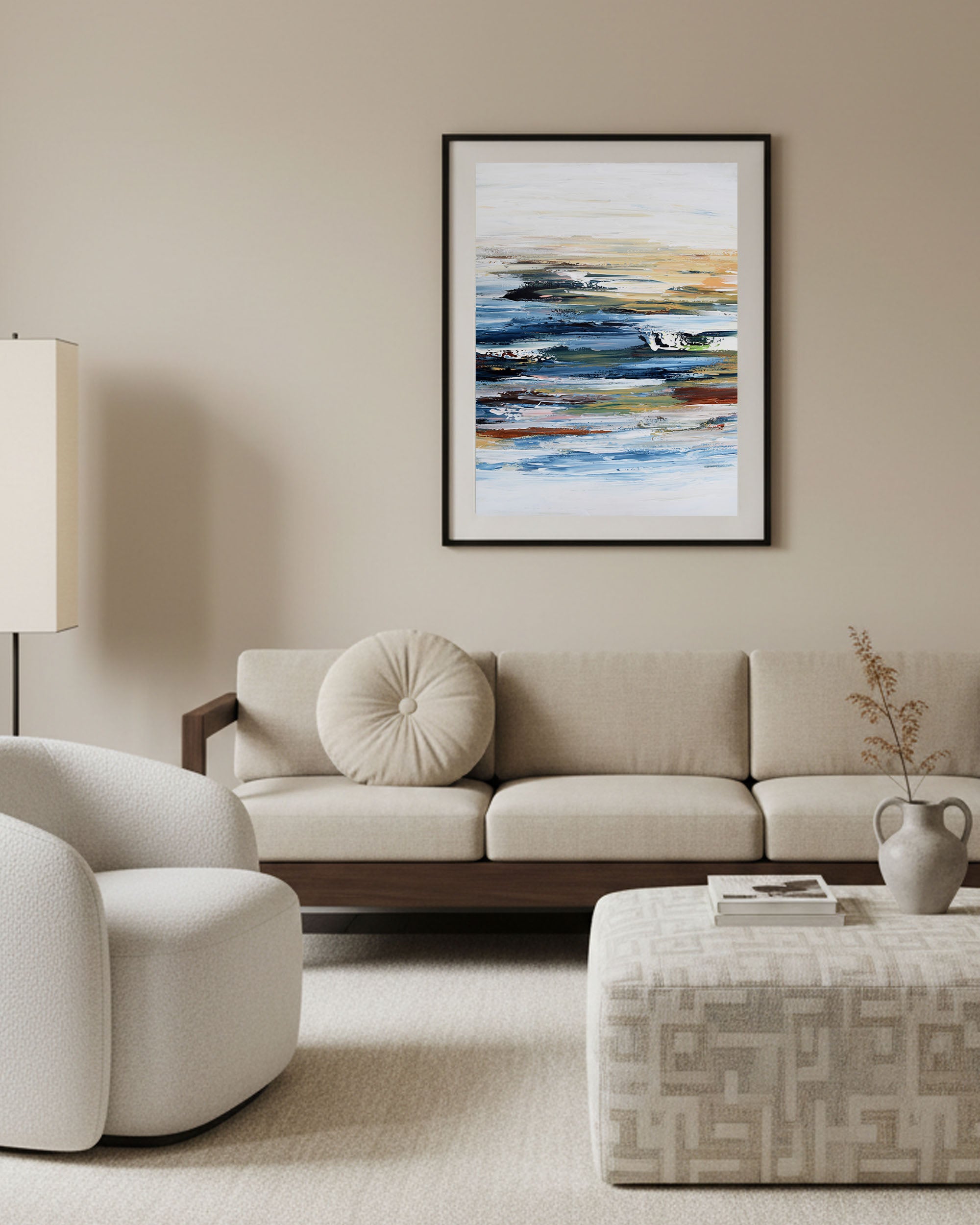 modern abstract wall art, blue and white framed picture in beige aesthetic living room Scandinavian theme