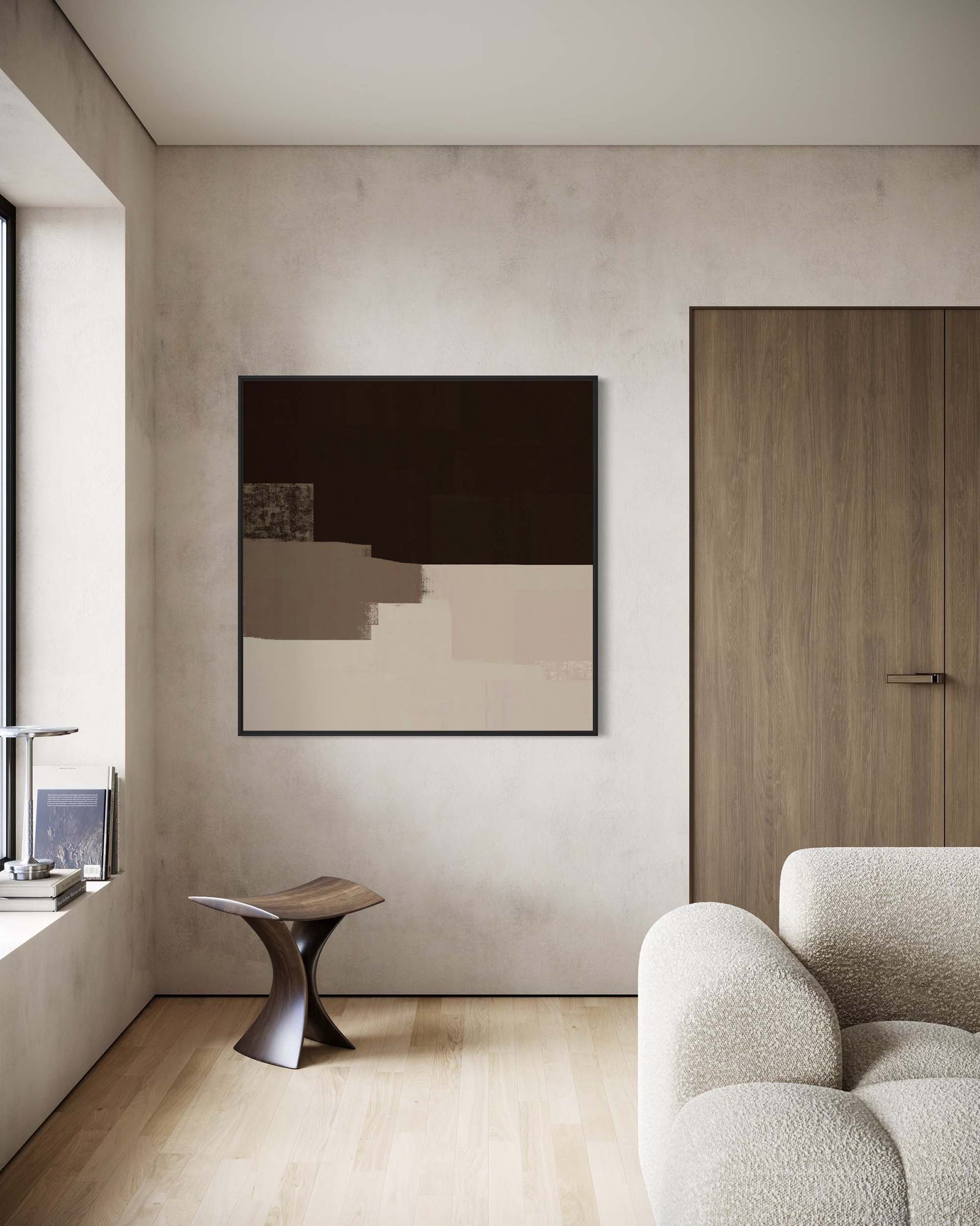 Modern interior with a abstract painting on the wall, a chair, and a door.