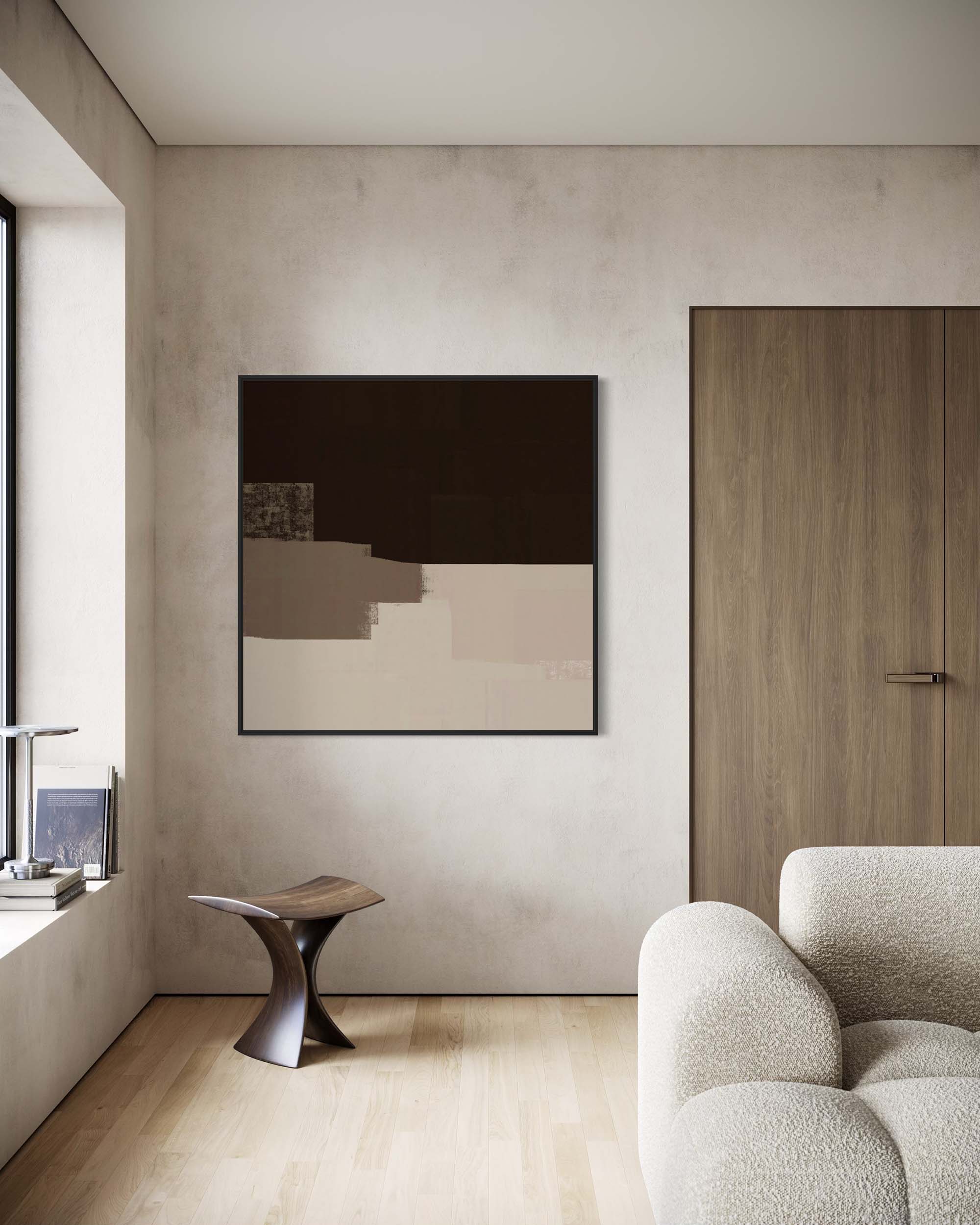 Modern interior with a abstract painting on the wall, a chair, and a door.