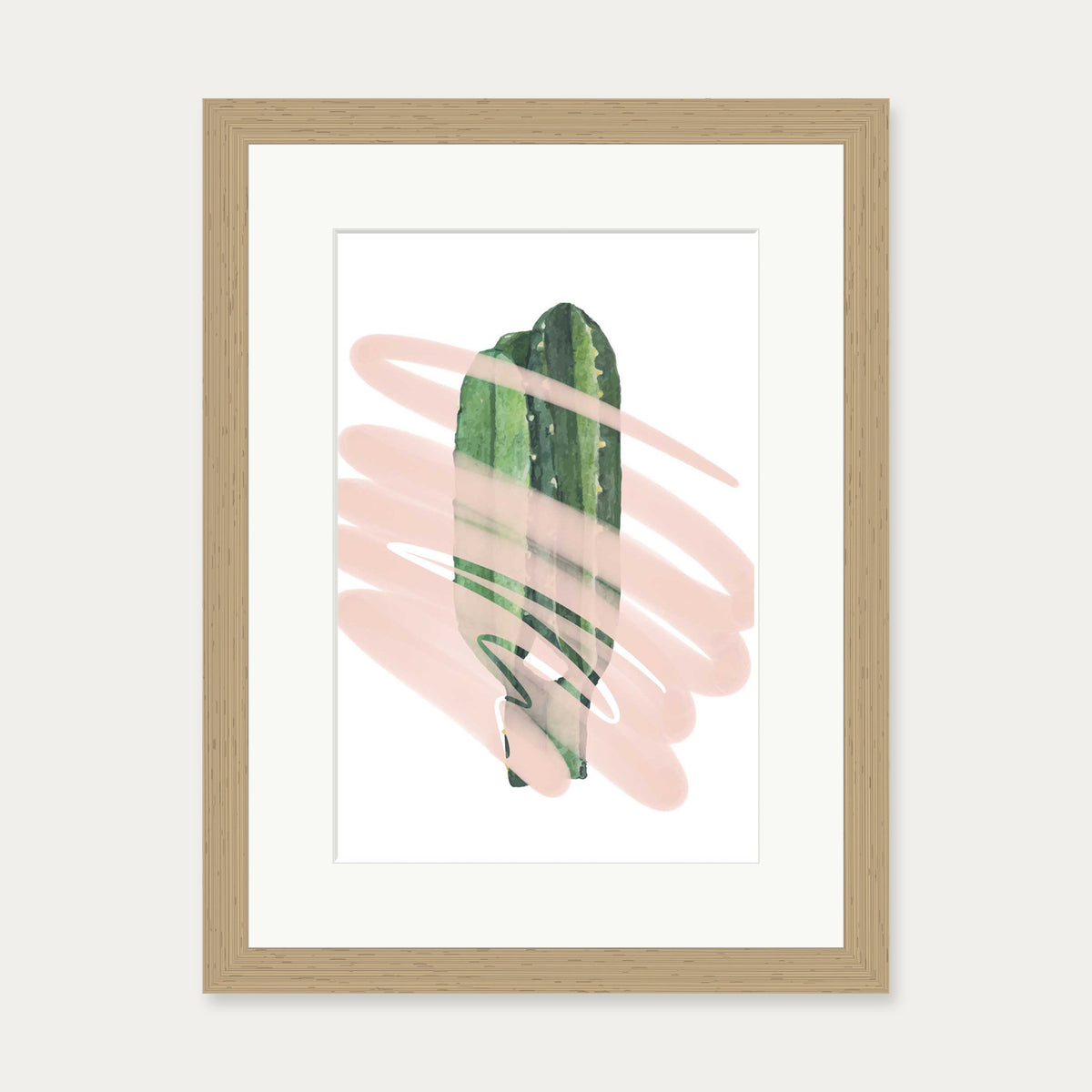 Modern Cactus Illustrated Art Print — 30 x 40 cm — Oak Frame