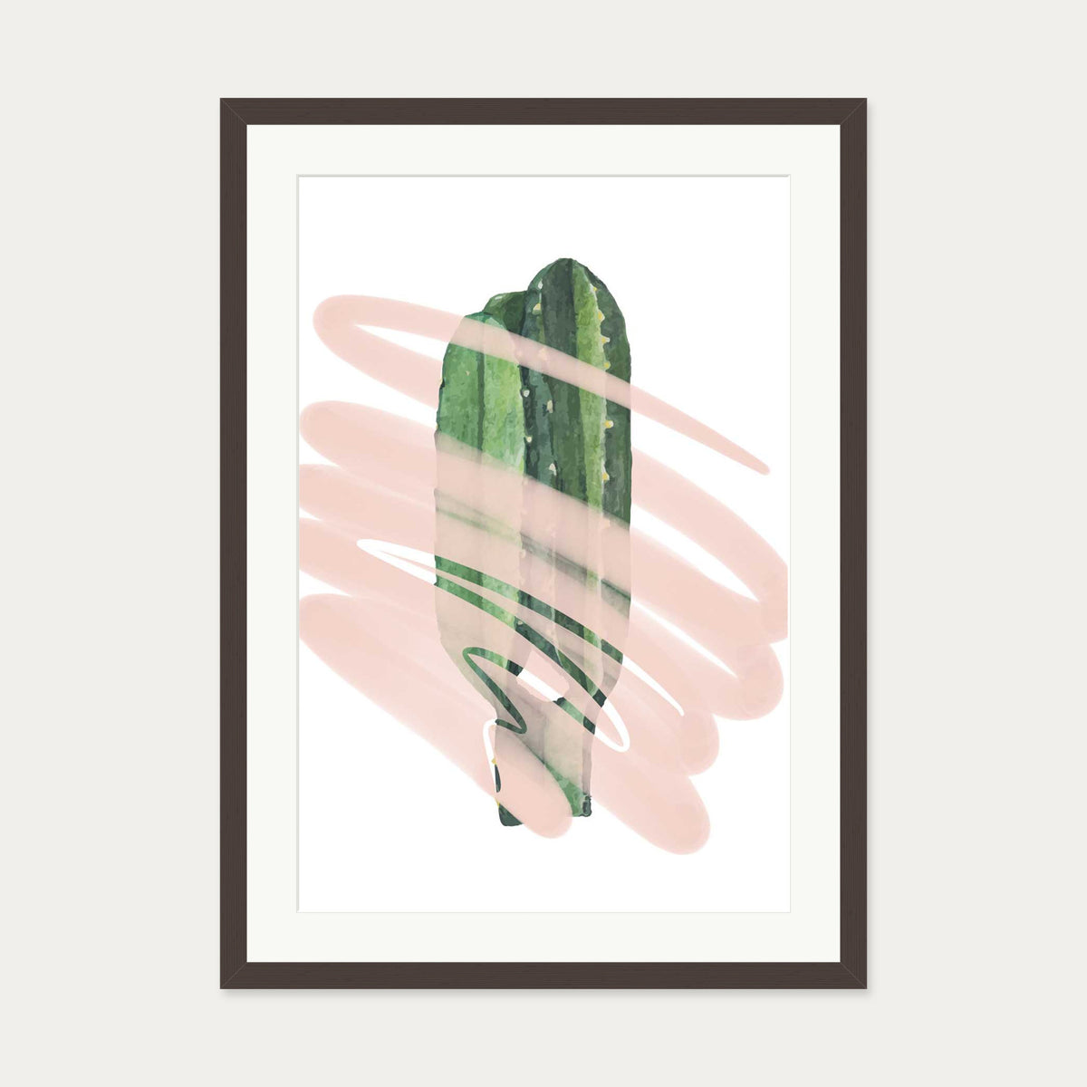 Modern Cactus Illustrated Art Print — 50 x 70 cm — Brown Frame