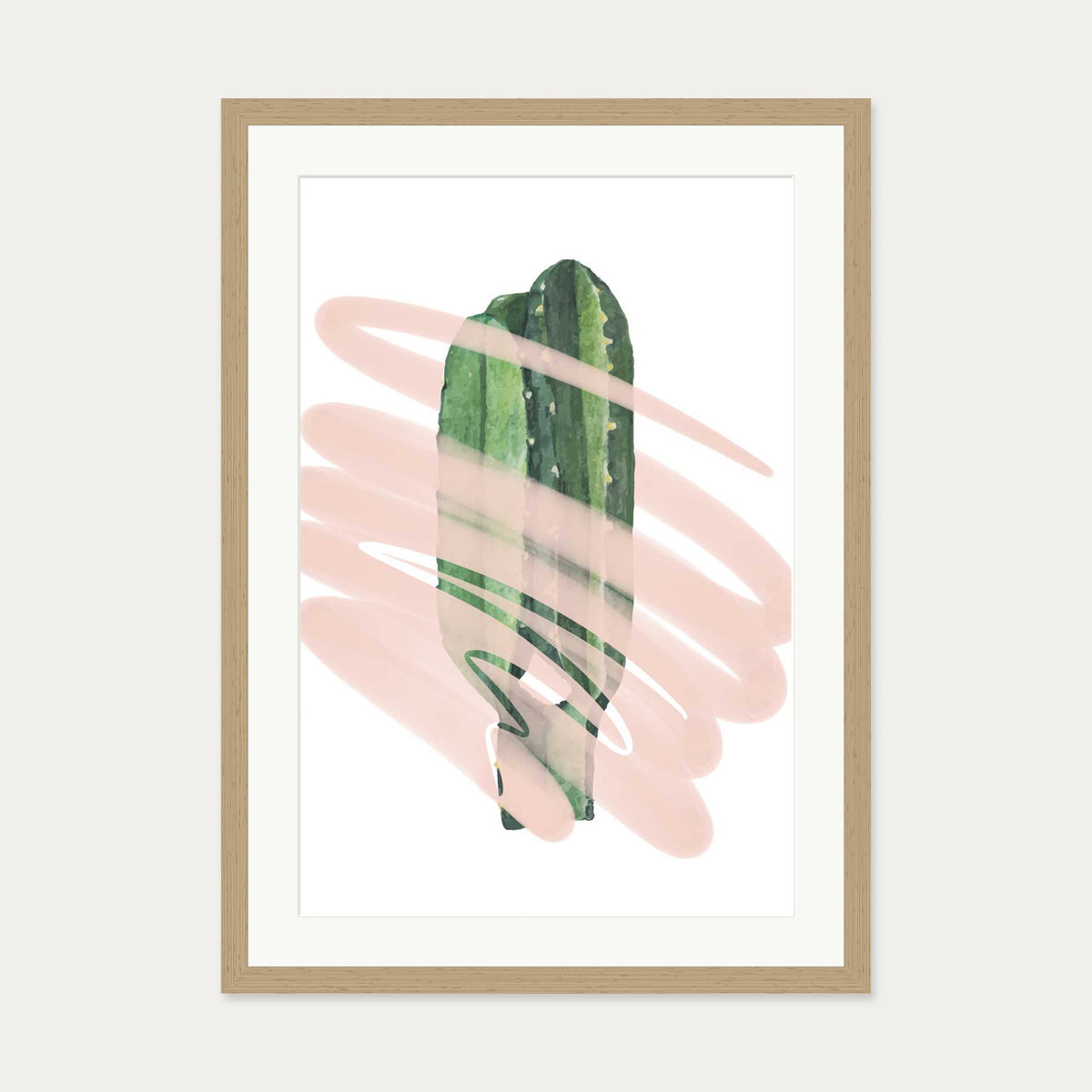 Modern Cactus Illustrated Art Print — 50 x 70 cm — Oak Frame