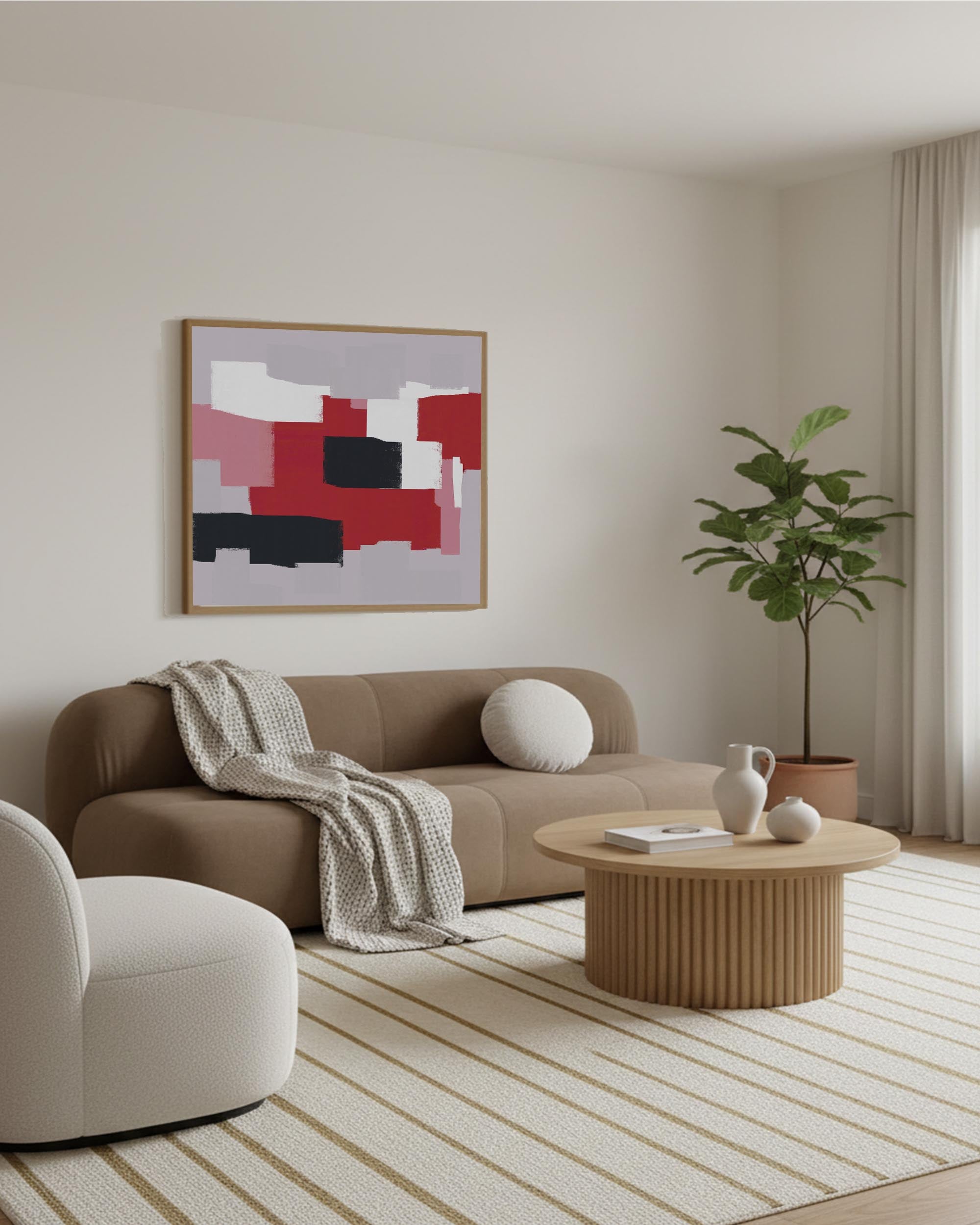 Modern living room with a brown sofa, round coffee table, and abstract art on the wall.