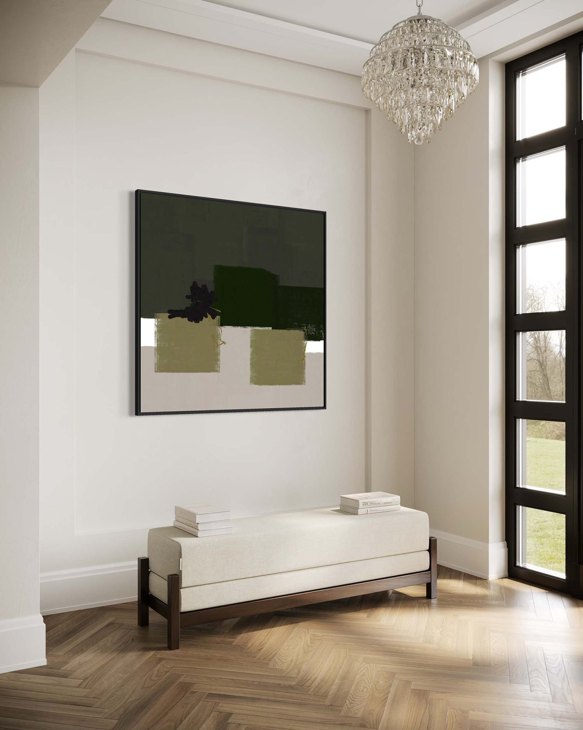 Modern living room with a chandelier, TV, and bench.