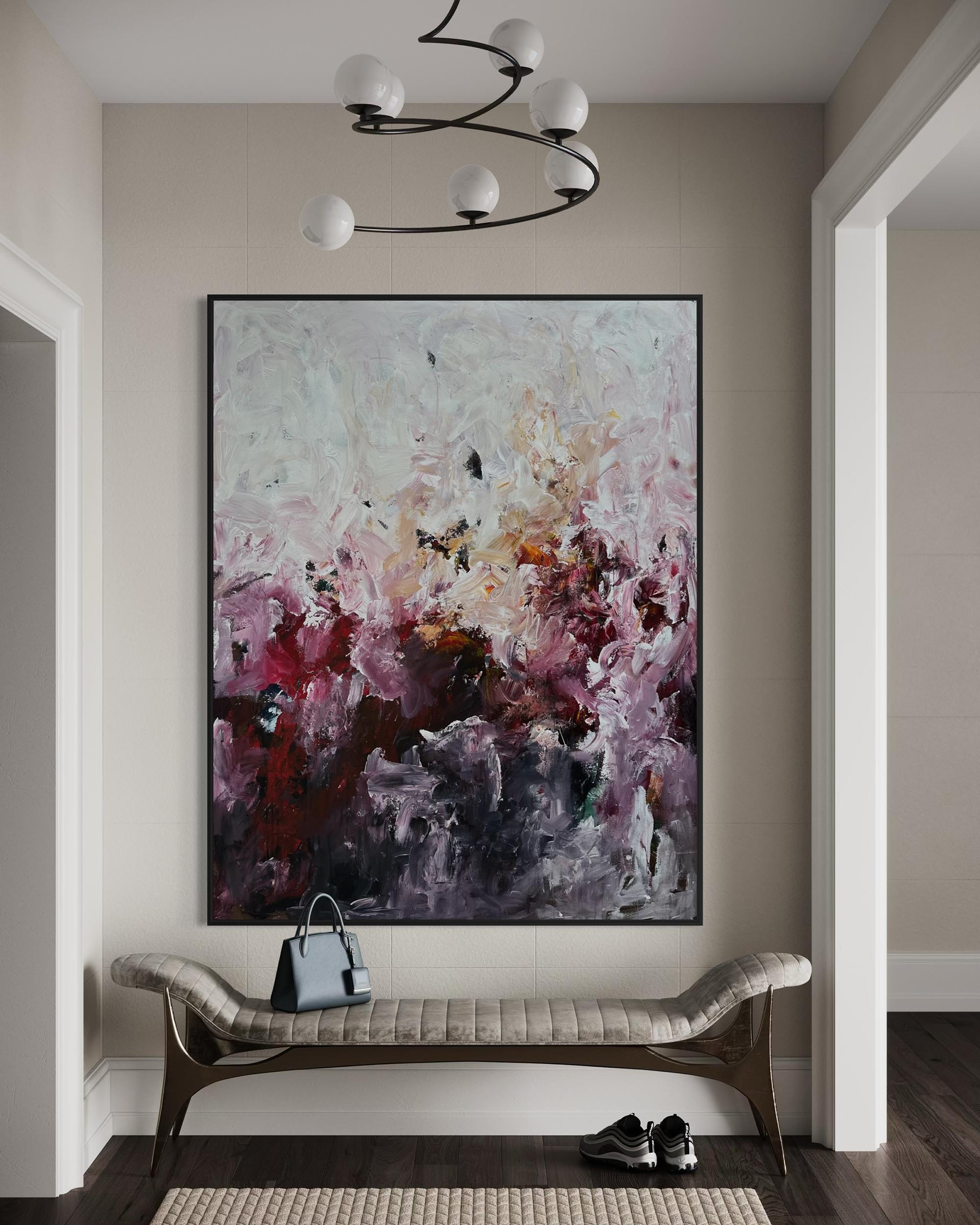 Abstract painting on a wall above a bench in a modern interior setting.