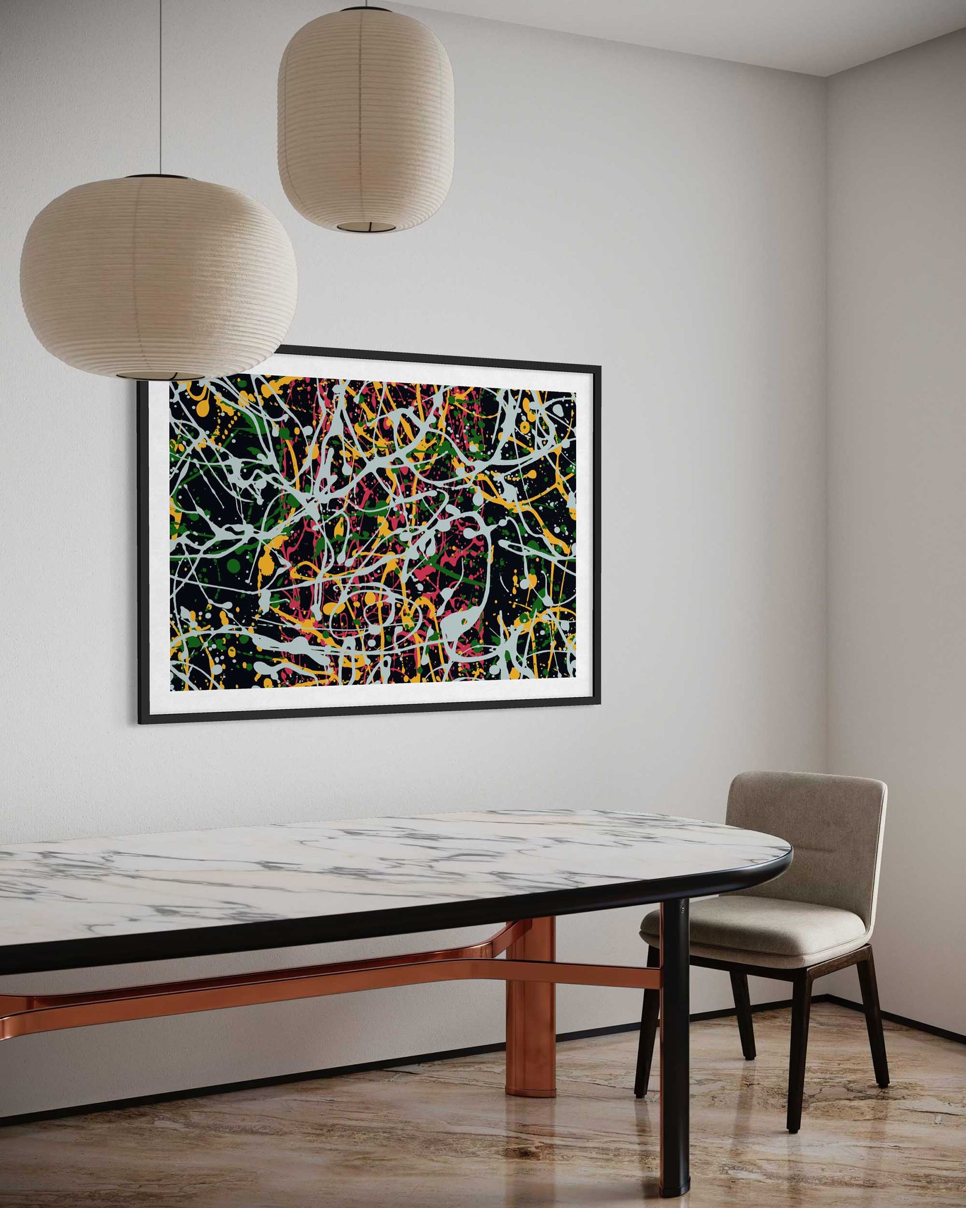 Abstract artwork on a wall above a dining table with a chair.