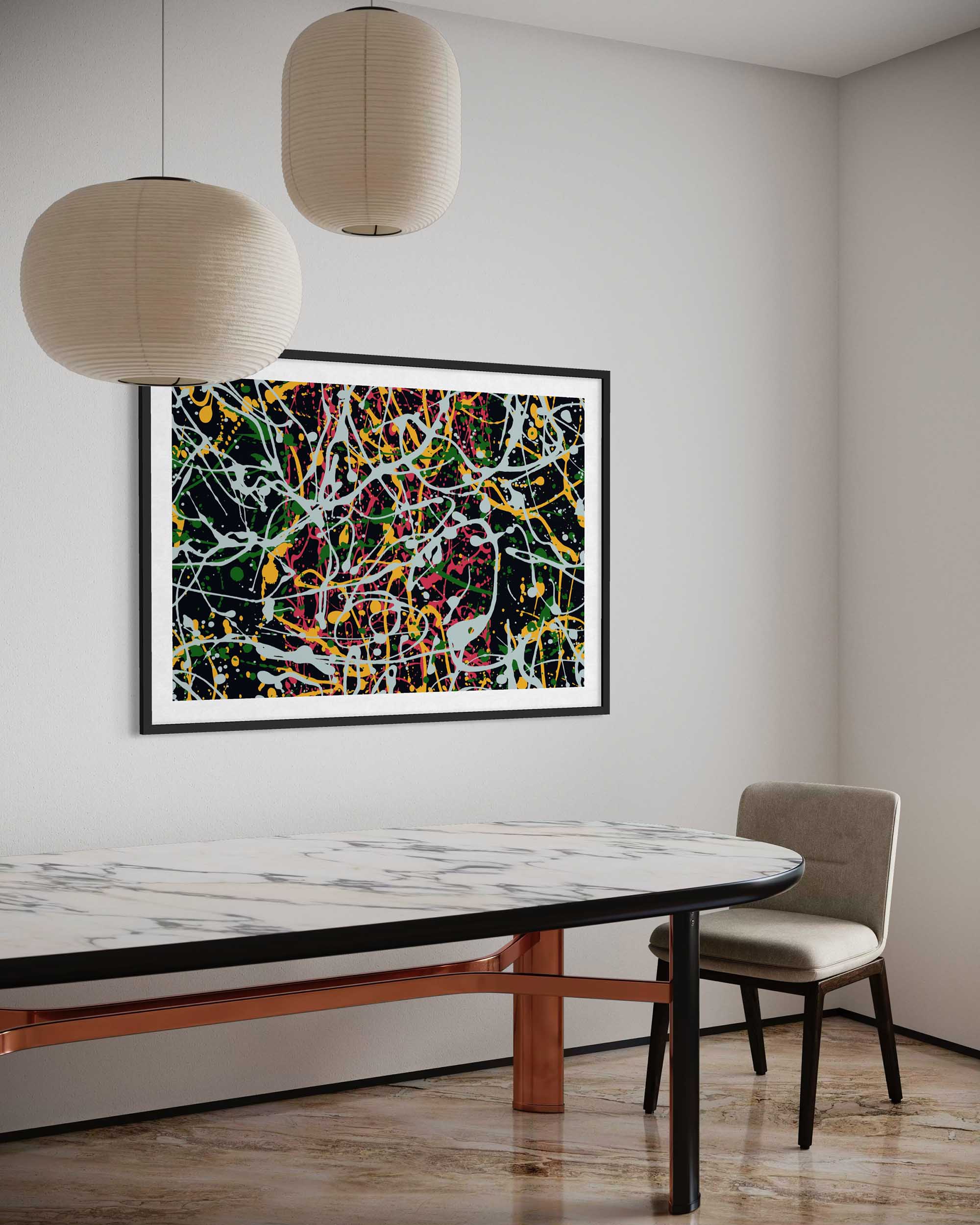 Abstract artwork on a wall above a dining table with a chair.