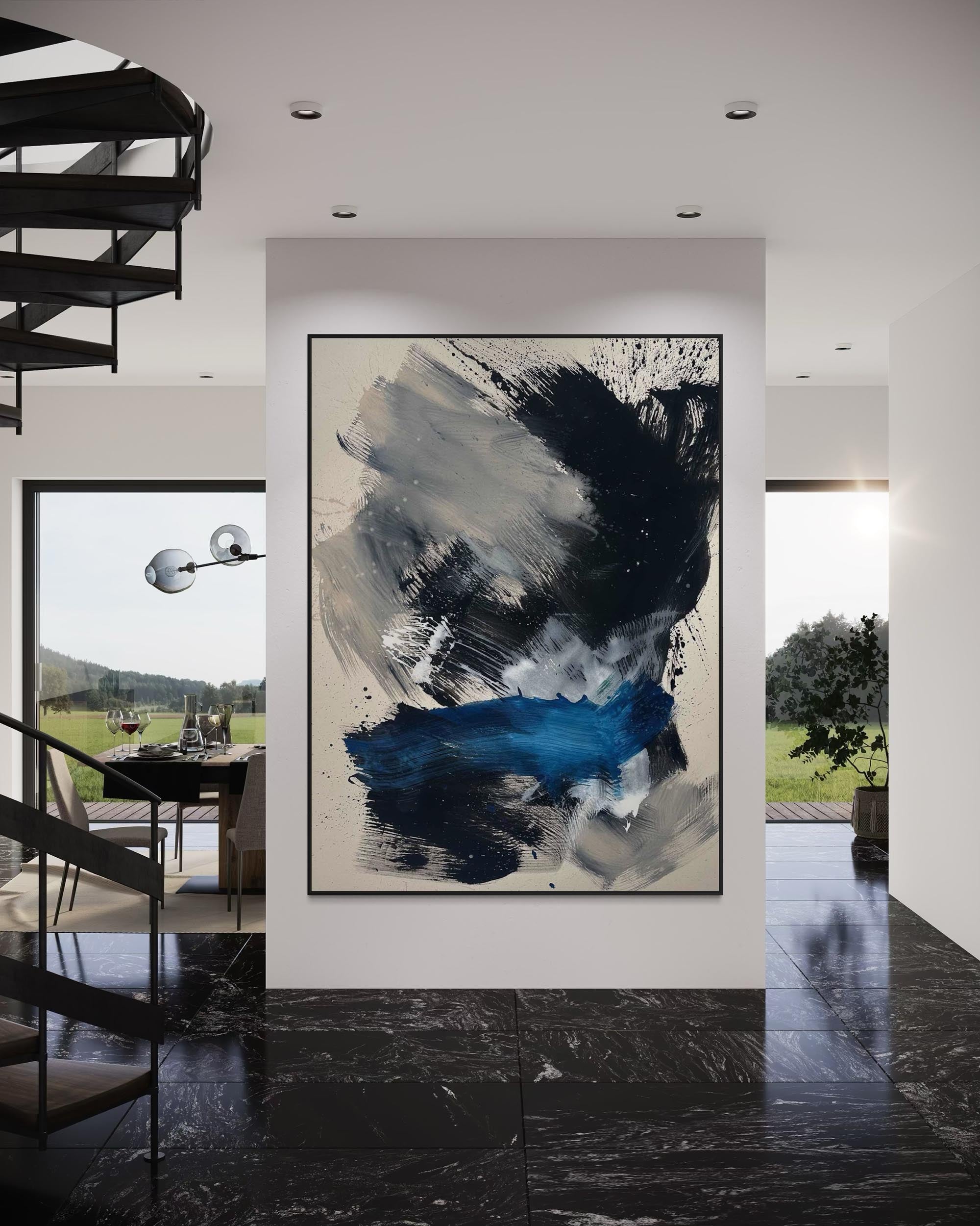 Modern interior with abstract art on a wall, spiral staircase, and dining area.