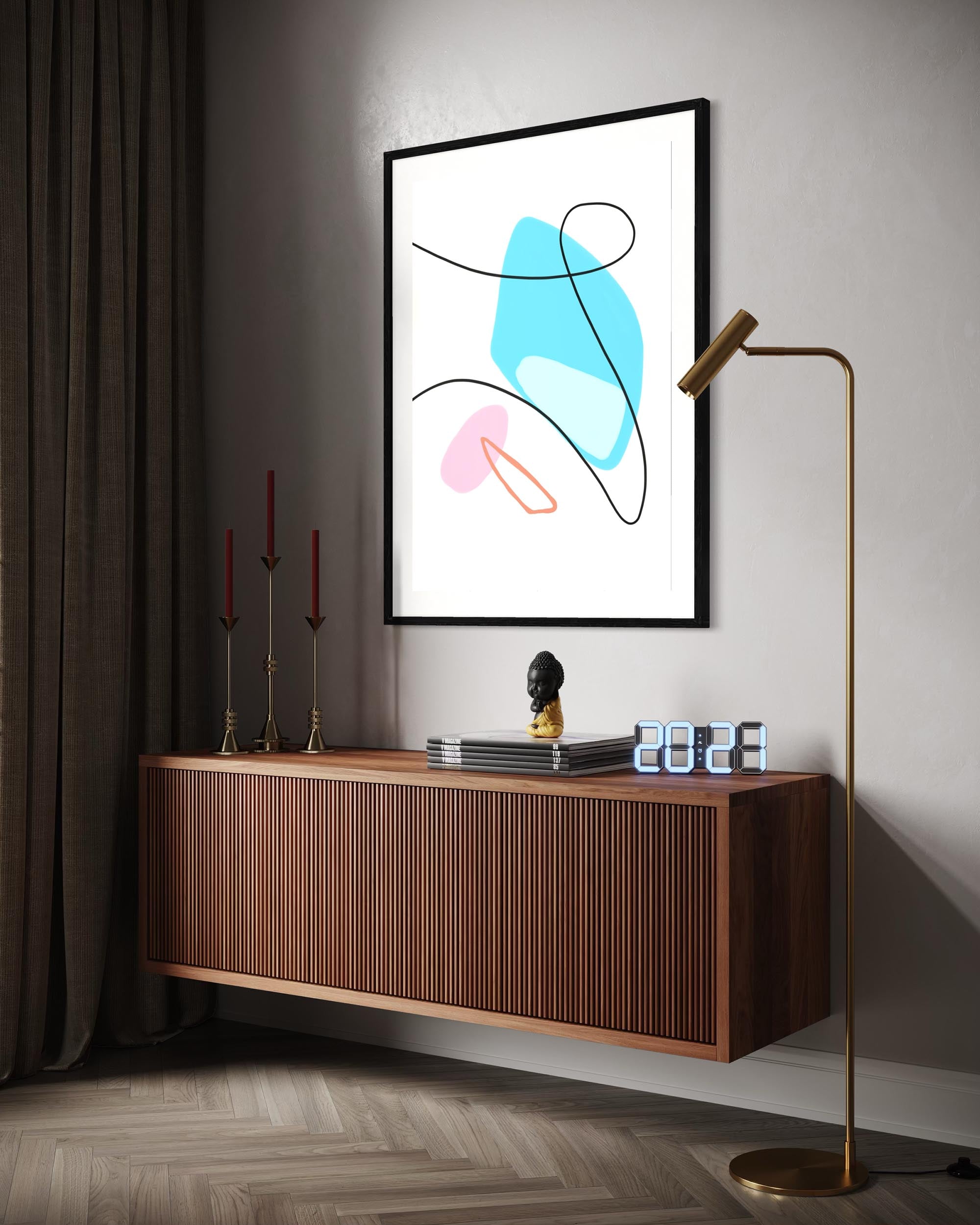 Modern interior with a wooden sideboard, abstract art, and a floor lamp.