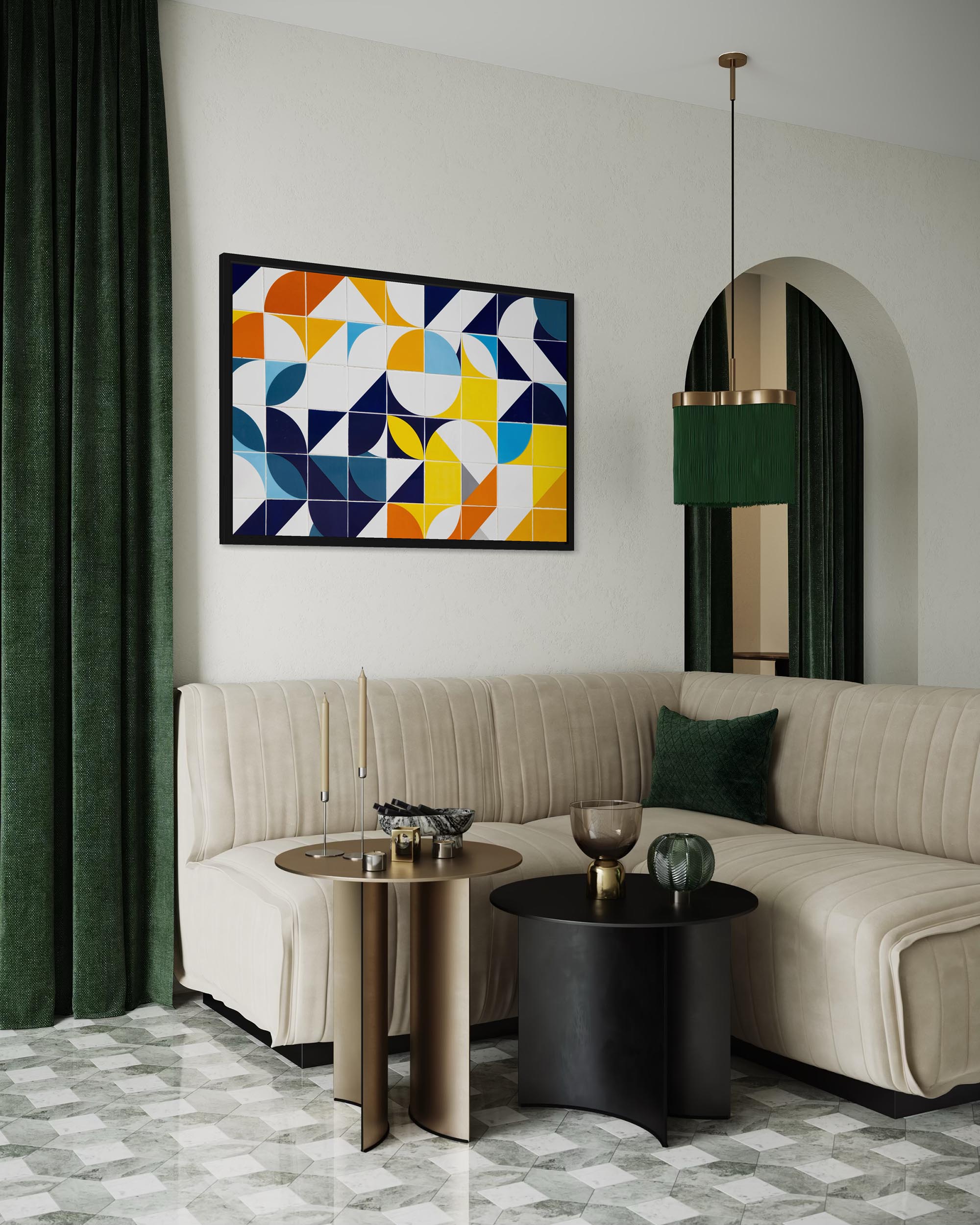 Modern living room with a beige sofa, round tables, and abstract art on the wall.