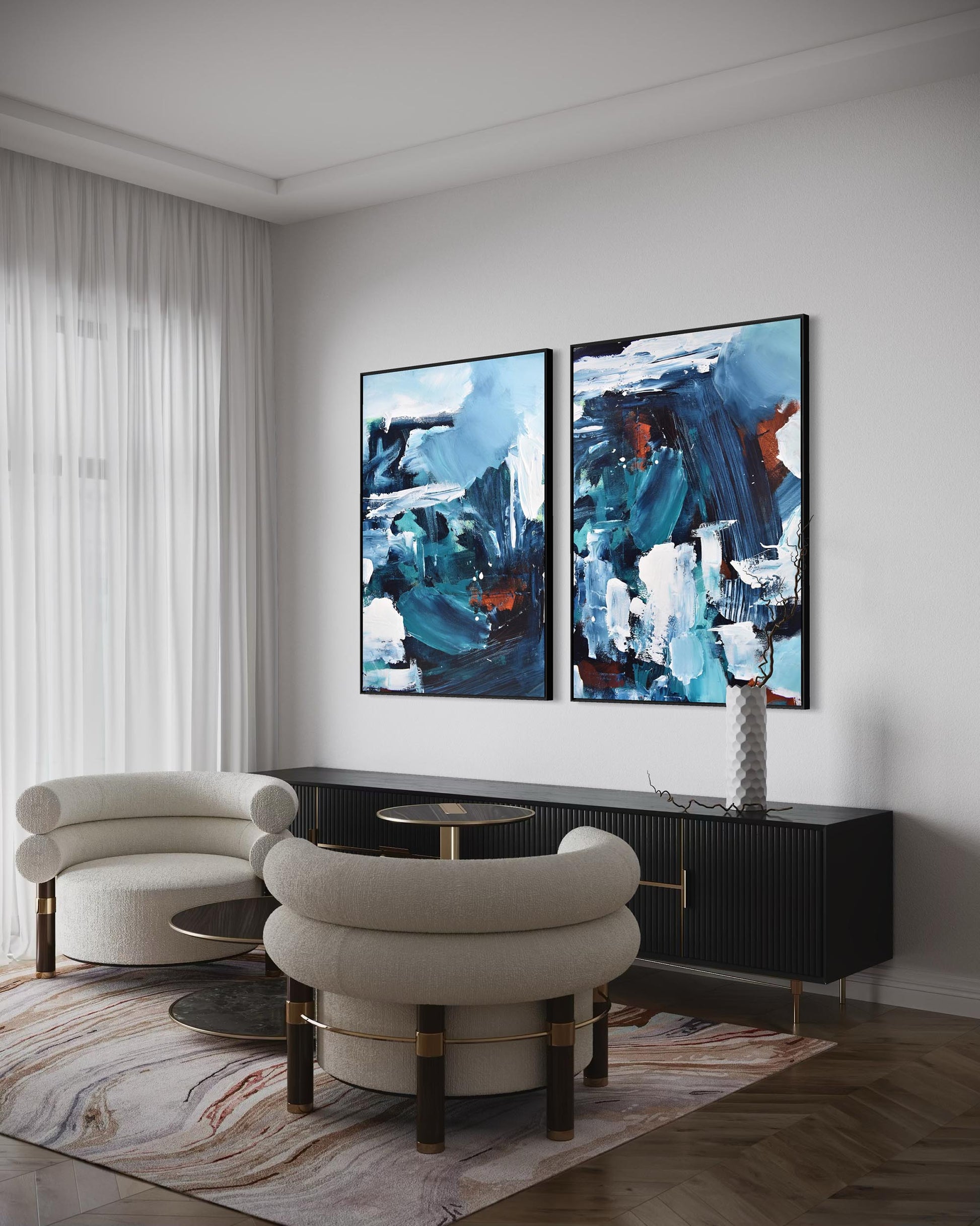 Modern living room with abstract art on the wall and stylish furniture.