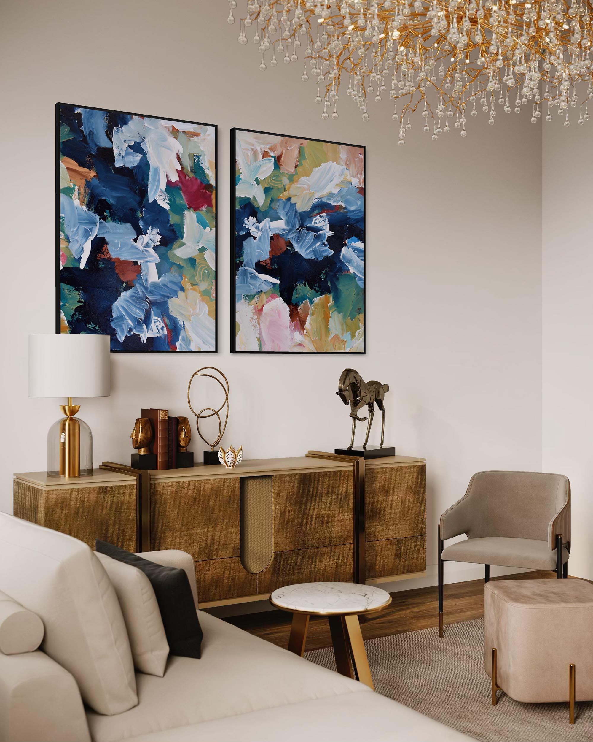 Modern living room with abstract art, wooden console table, and chandelier.