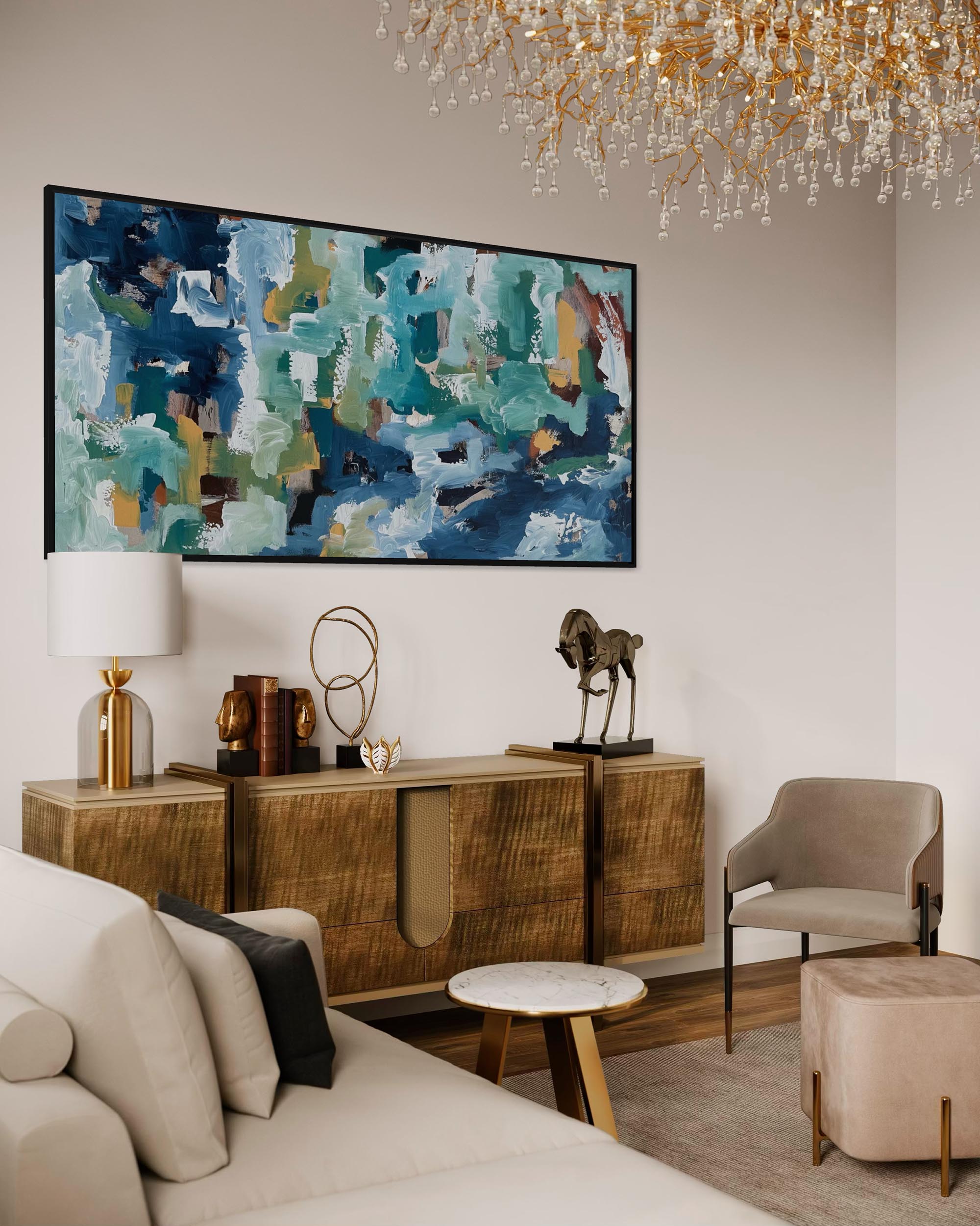 Modern living room with a large abstract painting, wooden console table, and chandelier.