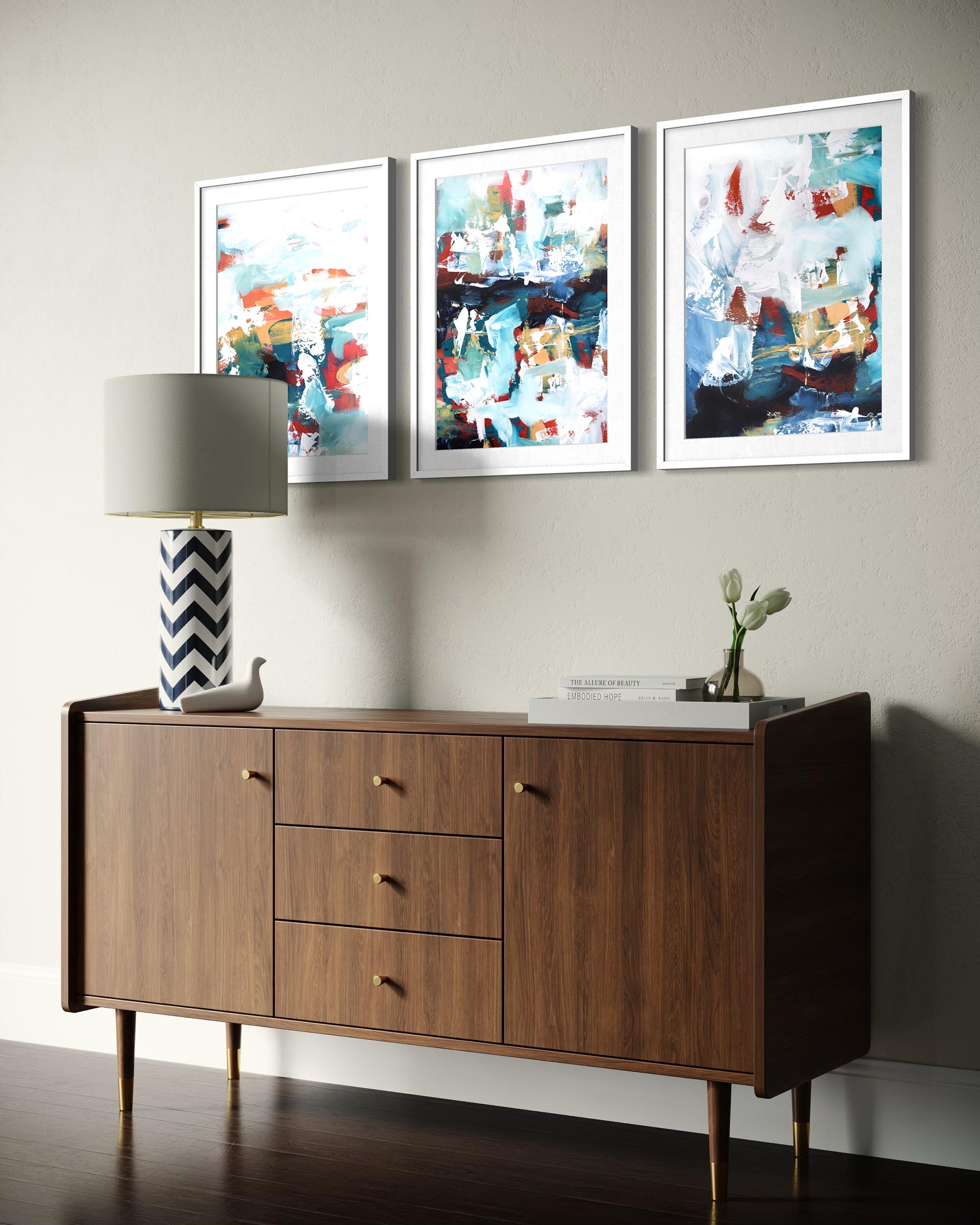 Wooden sideboard with abstract art on a wall