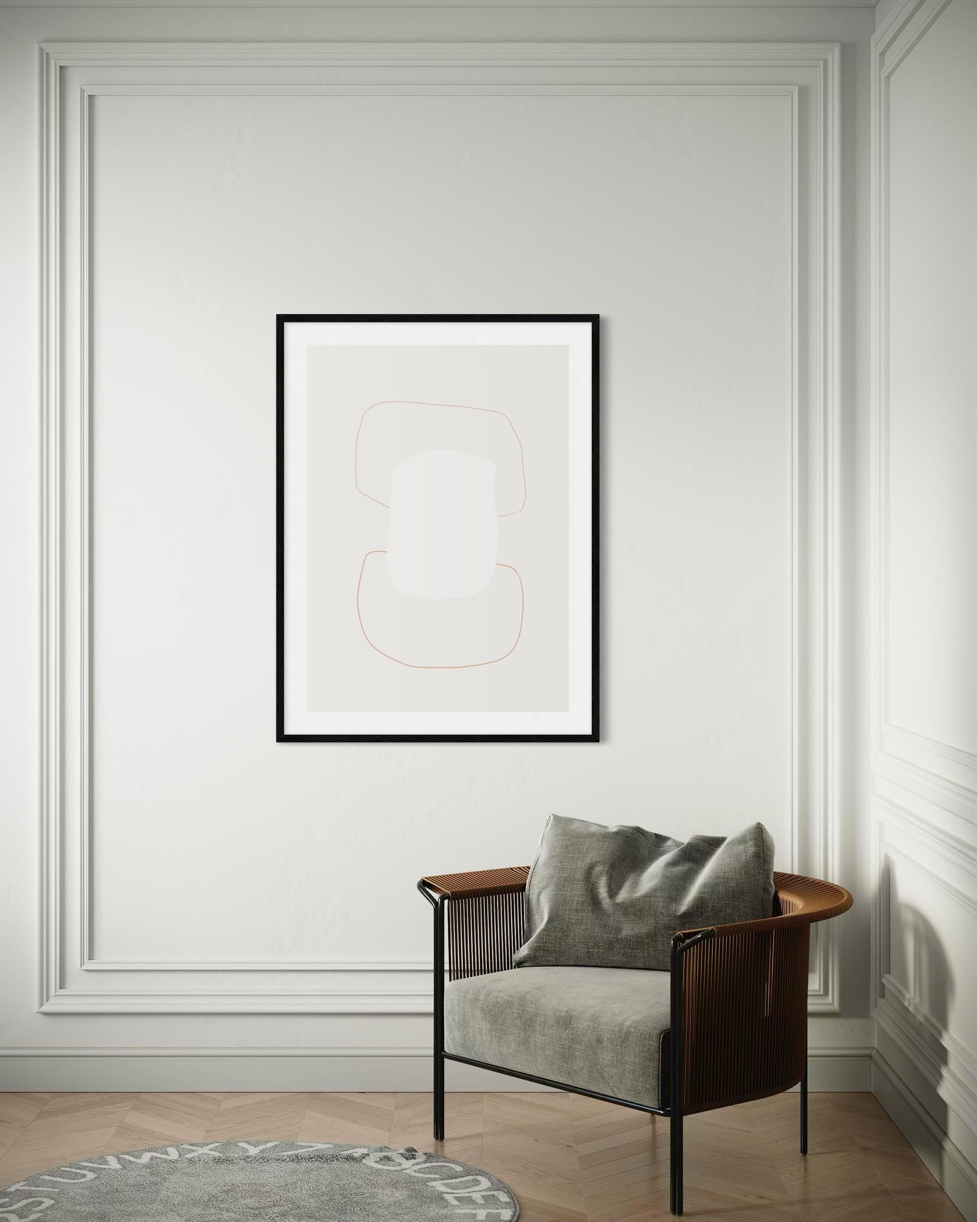 Modern interior with a chair and abstract art on a wall
