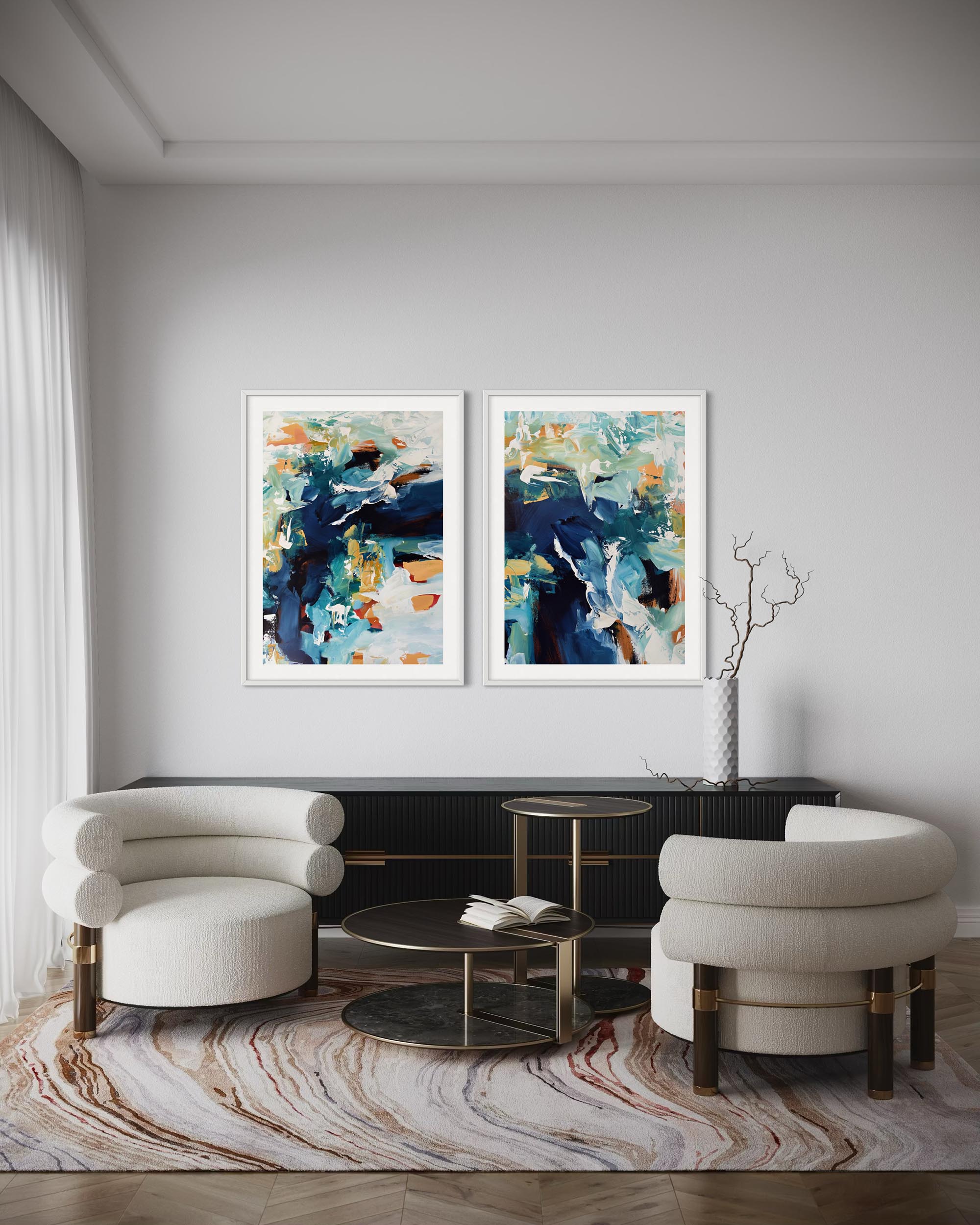 Modern living room with abstract art on the wall, white chairs, and a coffee table.