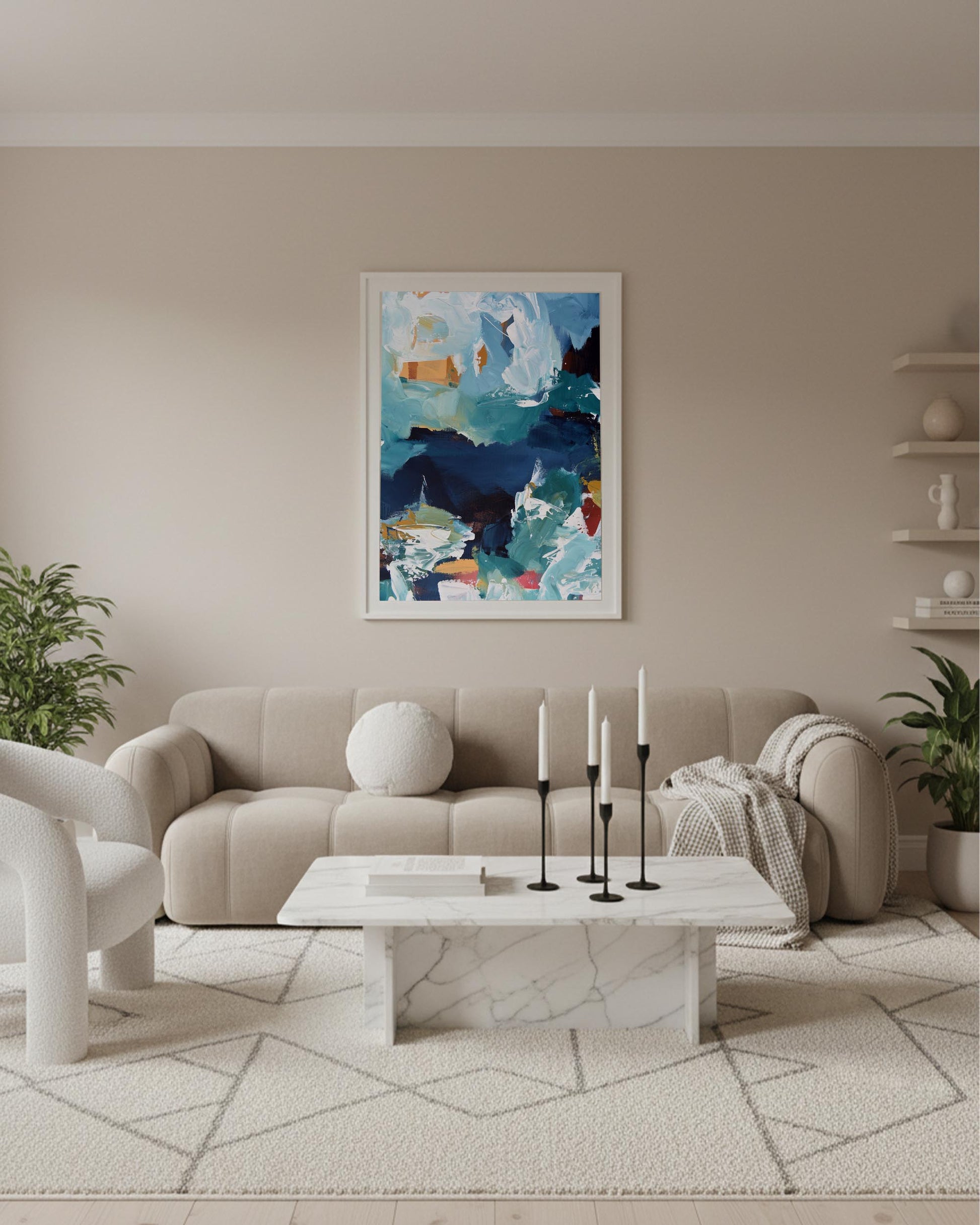 Modern living room with a beige sofa, marble coffee table, and abstract artwork on the wall.